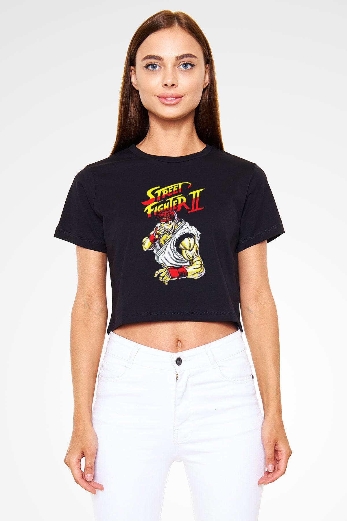 Street Fighter Siyah   Crop Top Tişört