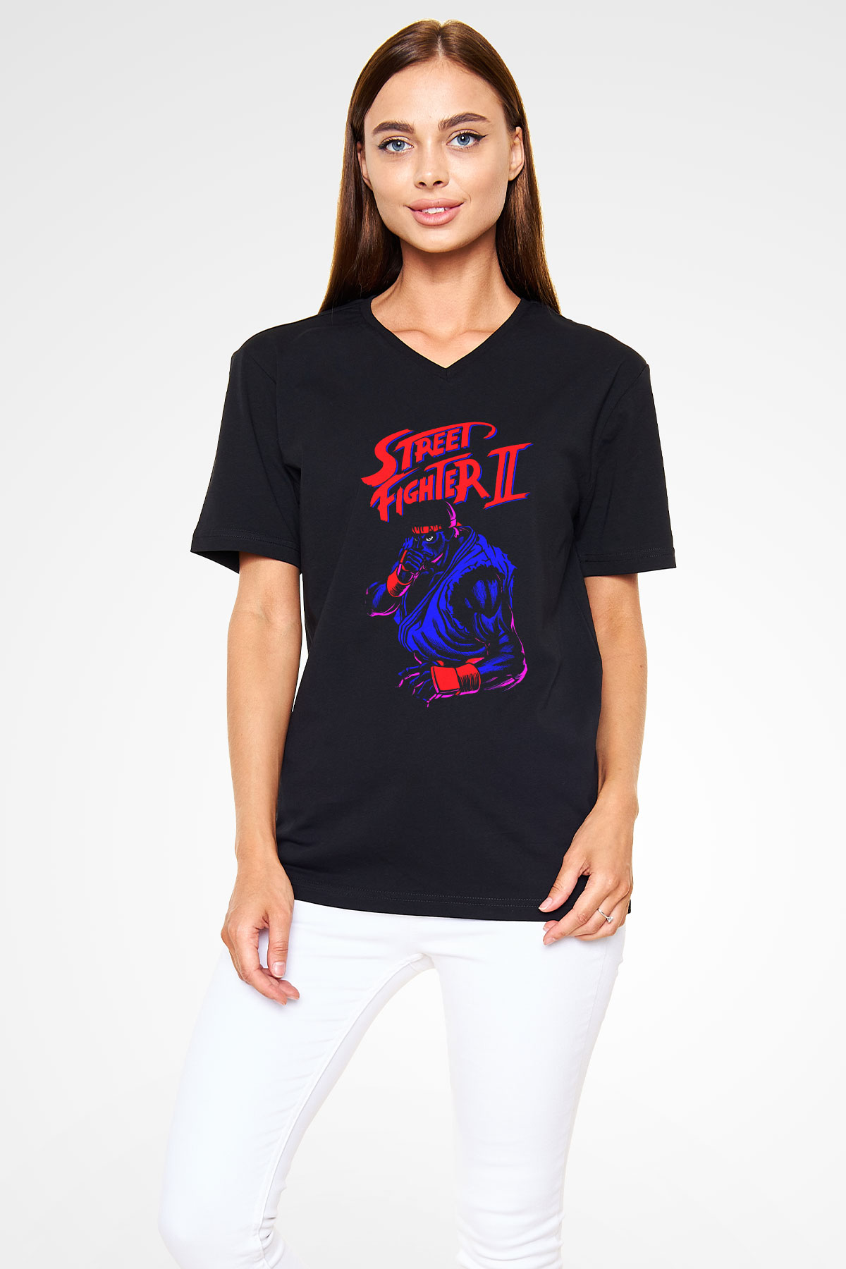 Street Fighter Siyah Unisex  V Yaka Tişört