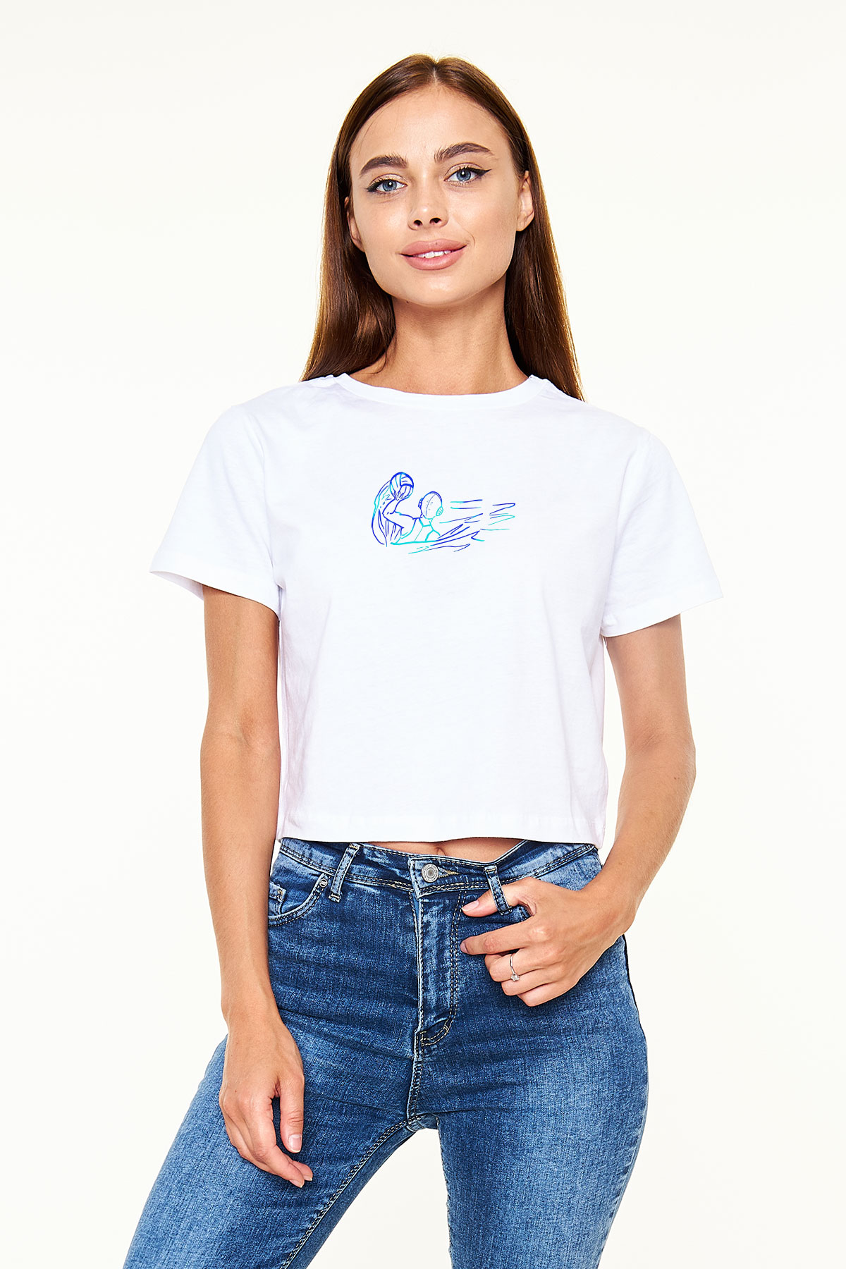Su Topu Baskılı Crop Top Beyaz Tişört - T-shirt
