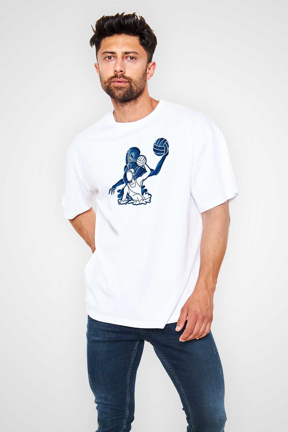 Su Topu Baskılı Unisex Beyaz Oversize Tişört - Tshirt