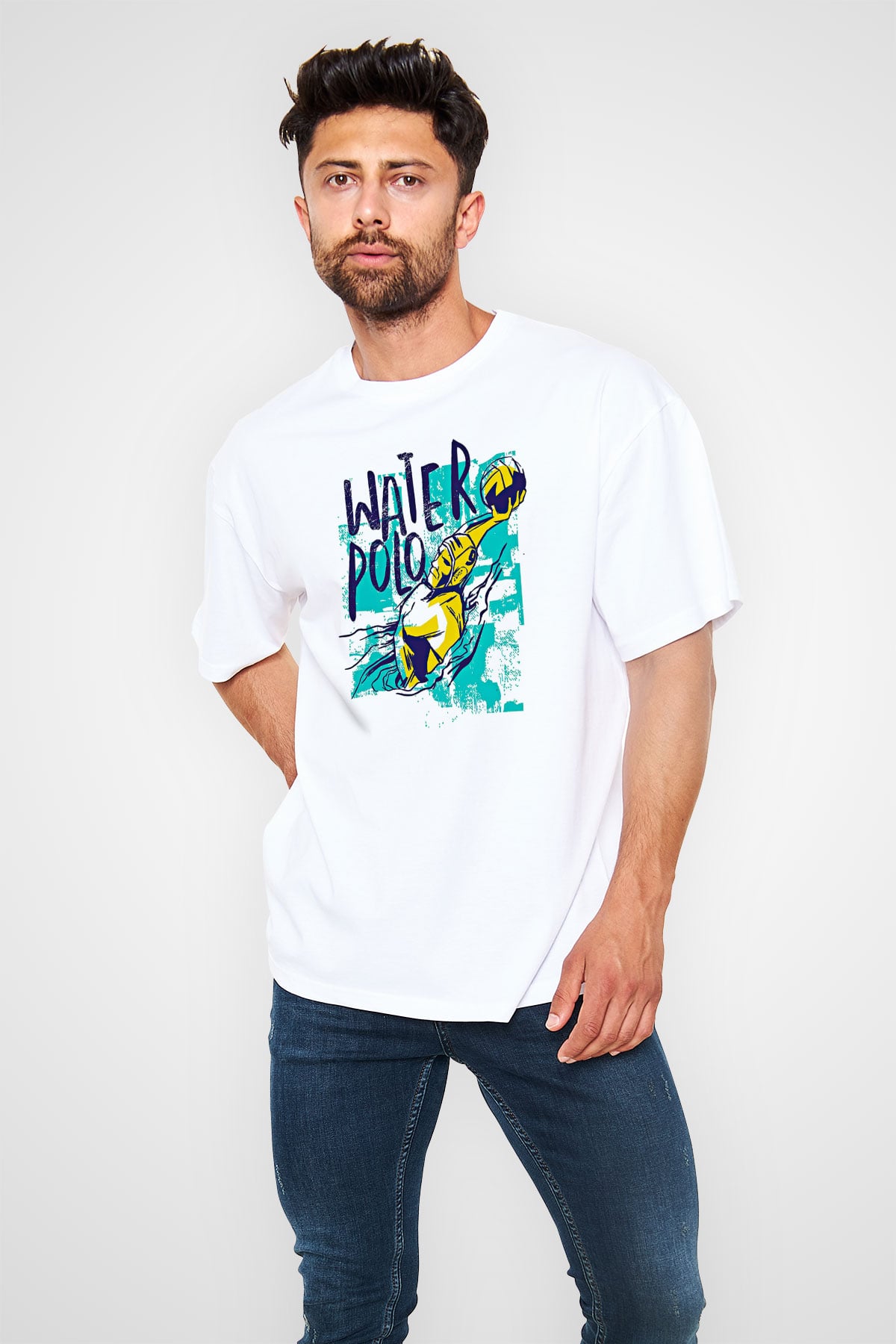 Su Topu Baskılı Unisex Beyaz Oversize Tişört - Tshirt