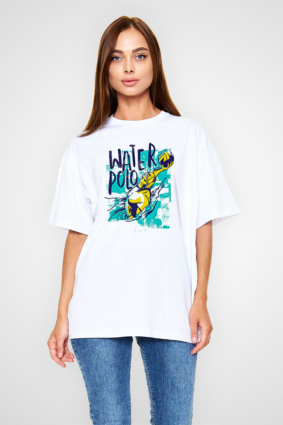 Su Topu Baskılı Unisex Beyaz Oversize Tişört - Tshirt