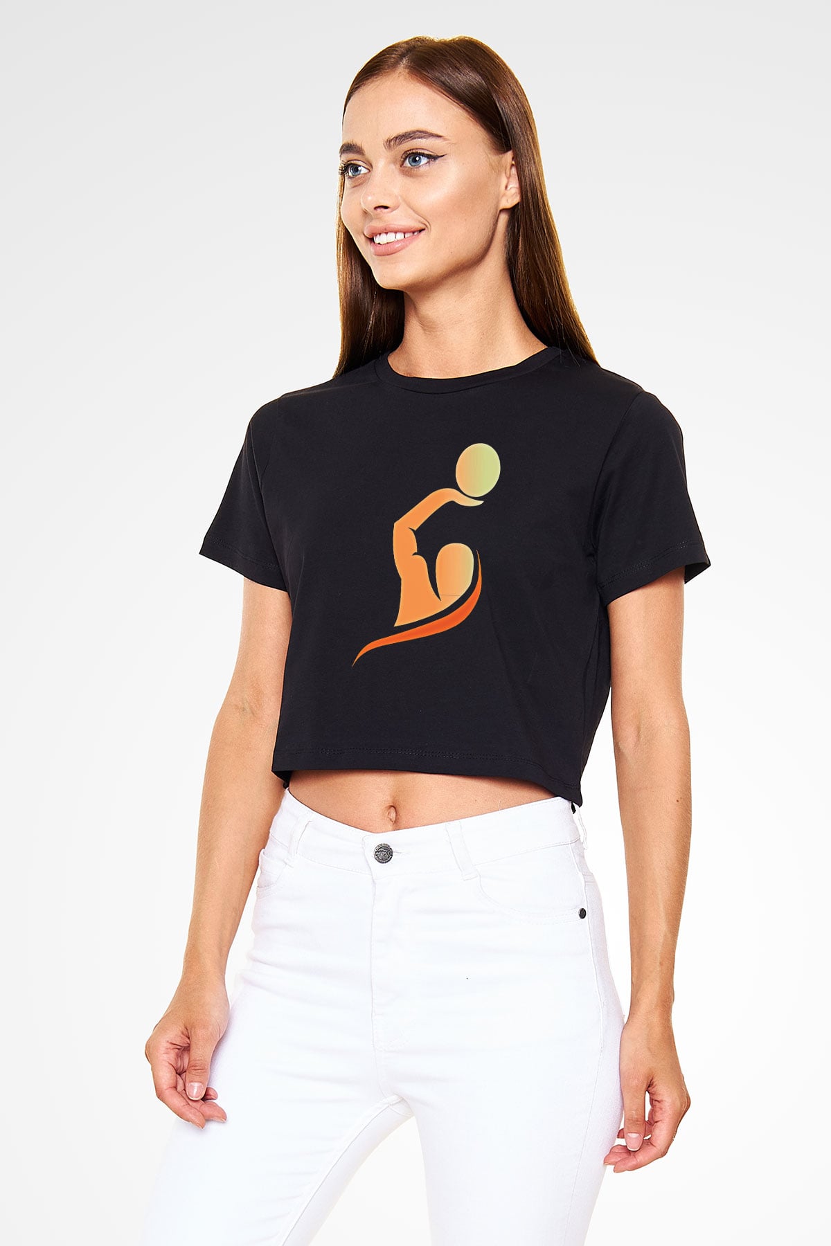 Su Topu - Water Polo Baskılı Crop Top Siyah Kadın Tişört - Tshirt