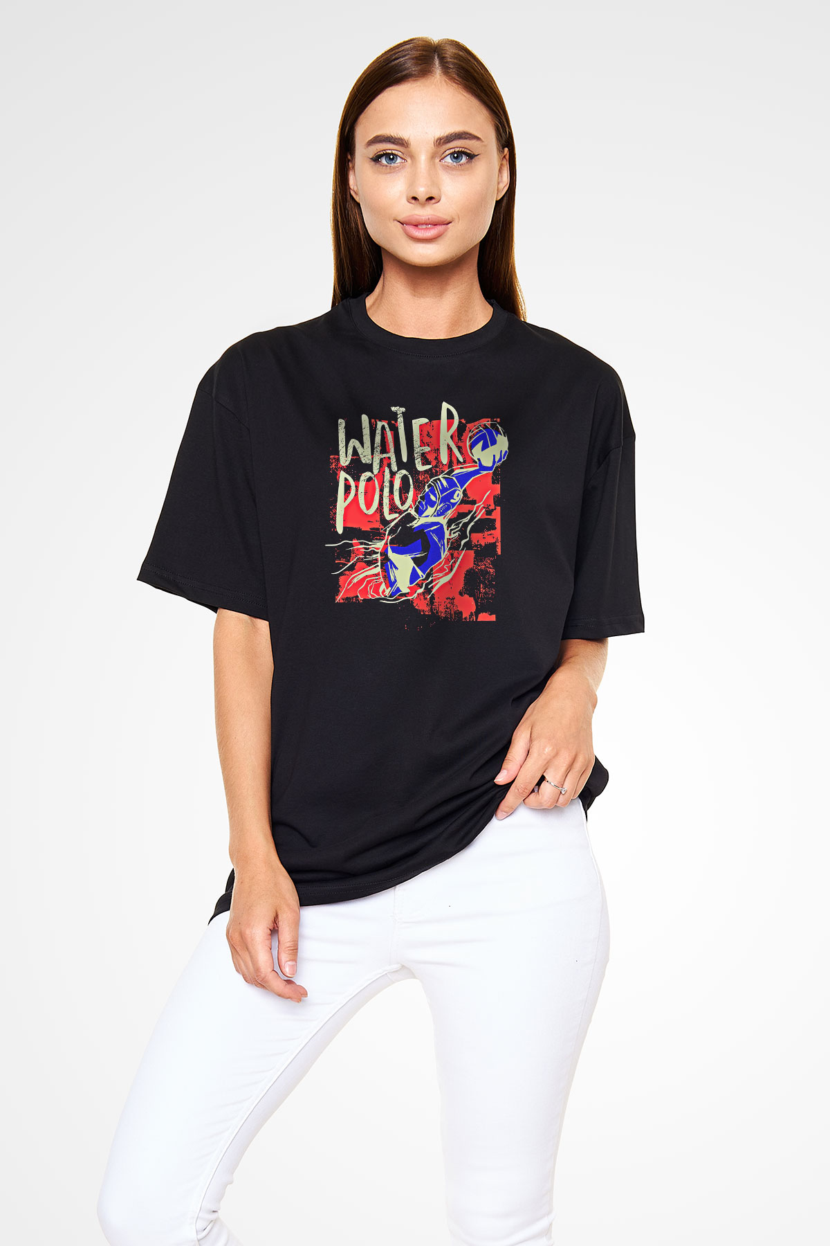 Su Topu - Water Polo Baskılı Unisex Siyah Oversize Tişört