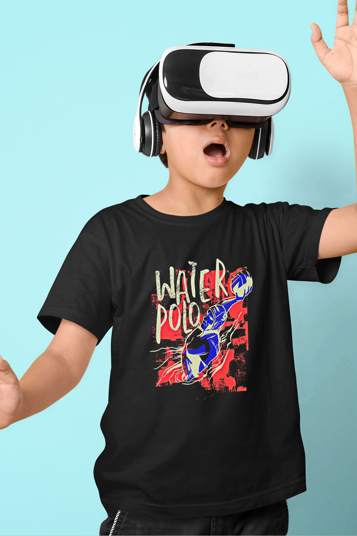 Su Topu - Water Polo Baskılı Unisex Siyah Çocuk Tİşörtü - Tshirt