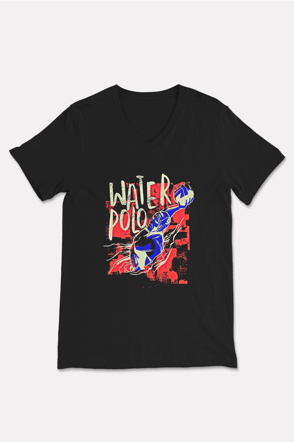 Su Topu - Water Polo Baskılı Unisex Siyah V Yaka Tişört
