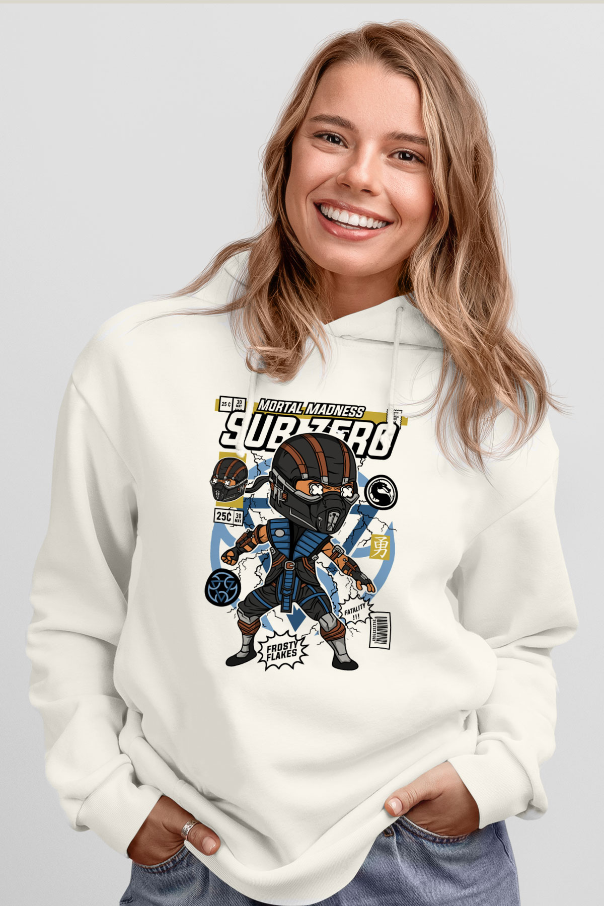 Sub Zero Baskılı Unisex Beyaz Hoodie