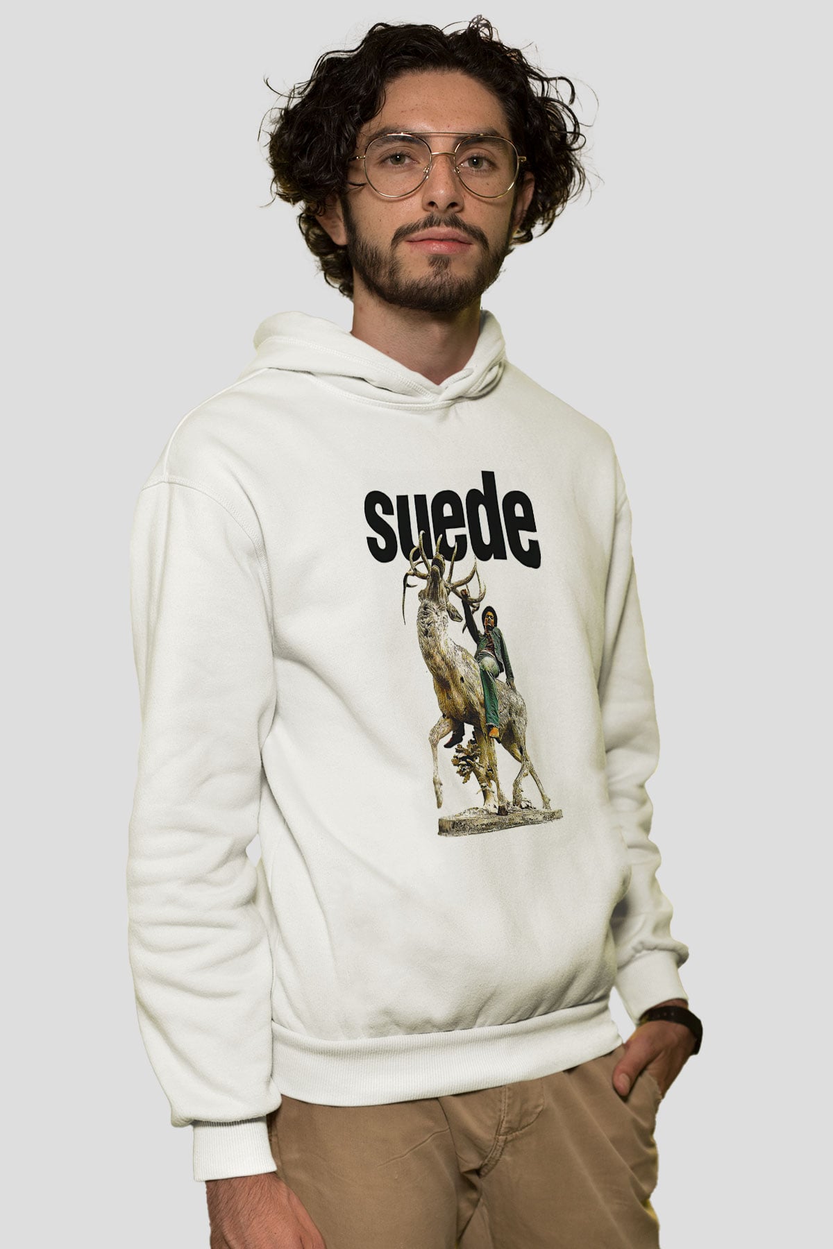 Suede Baskılı Beyaz Unisex Kapüşonlu Sweatshirt