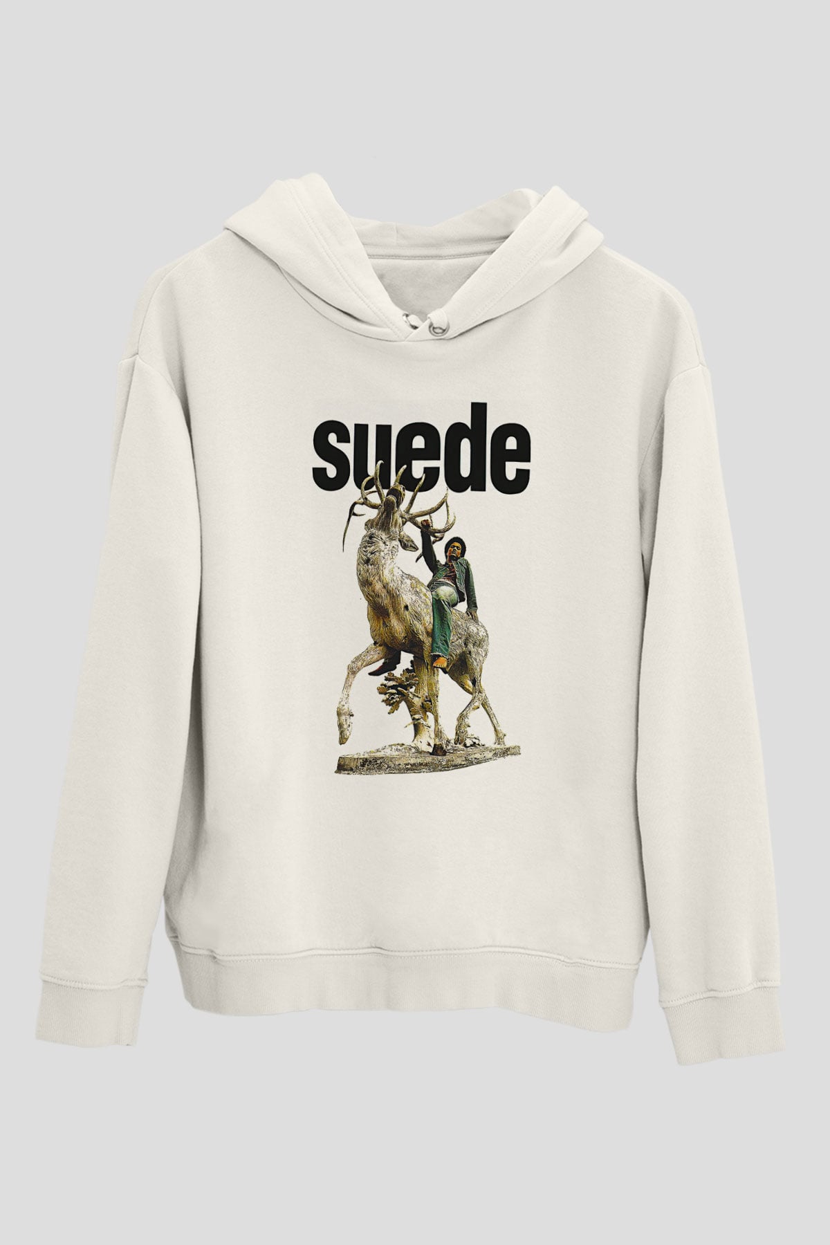 Suede Baskılı Beyaz Unisex Kapüşonlu Sweatshirt