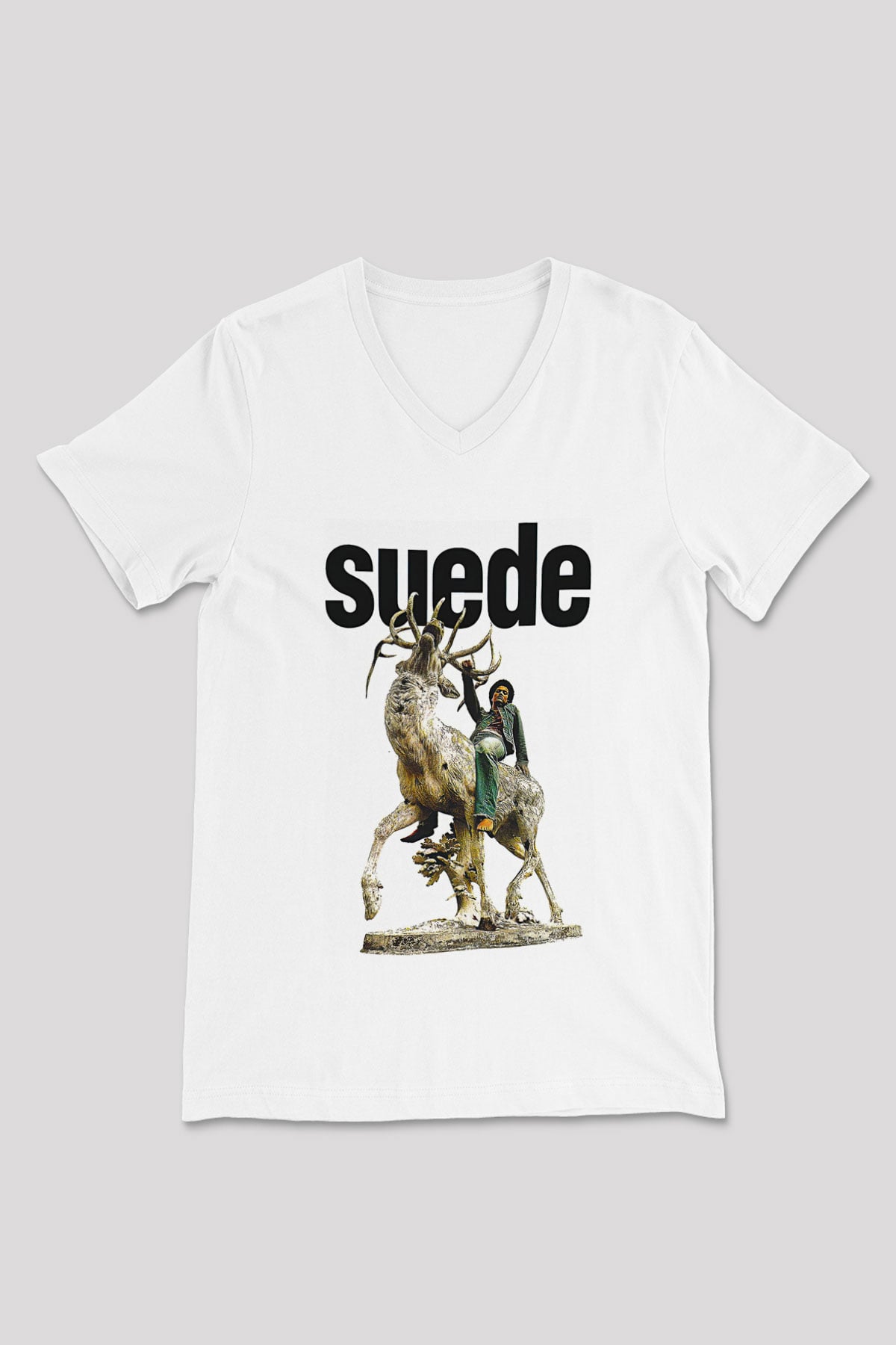 Suede Baskılı Beyaz Unisex V Yaka Tişört - Tshirt