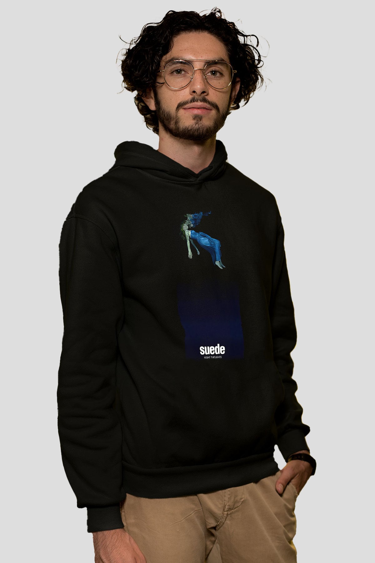 Suede Baskılı Unisex Siyah Kapüşonlu Sweatshirt