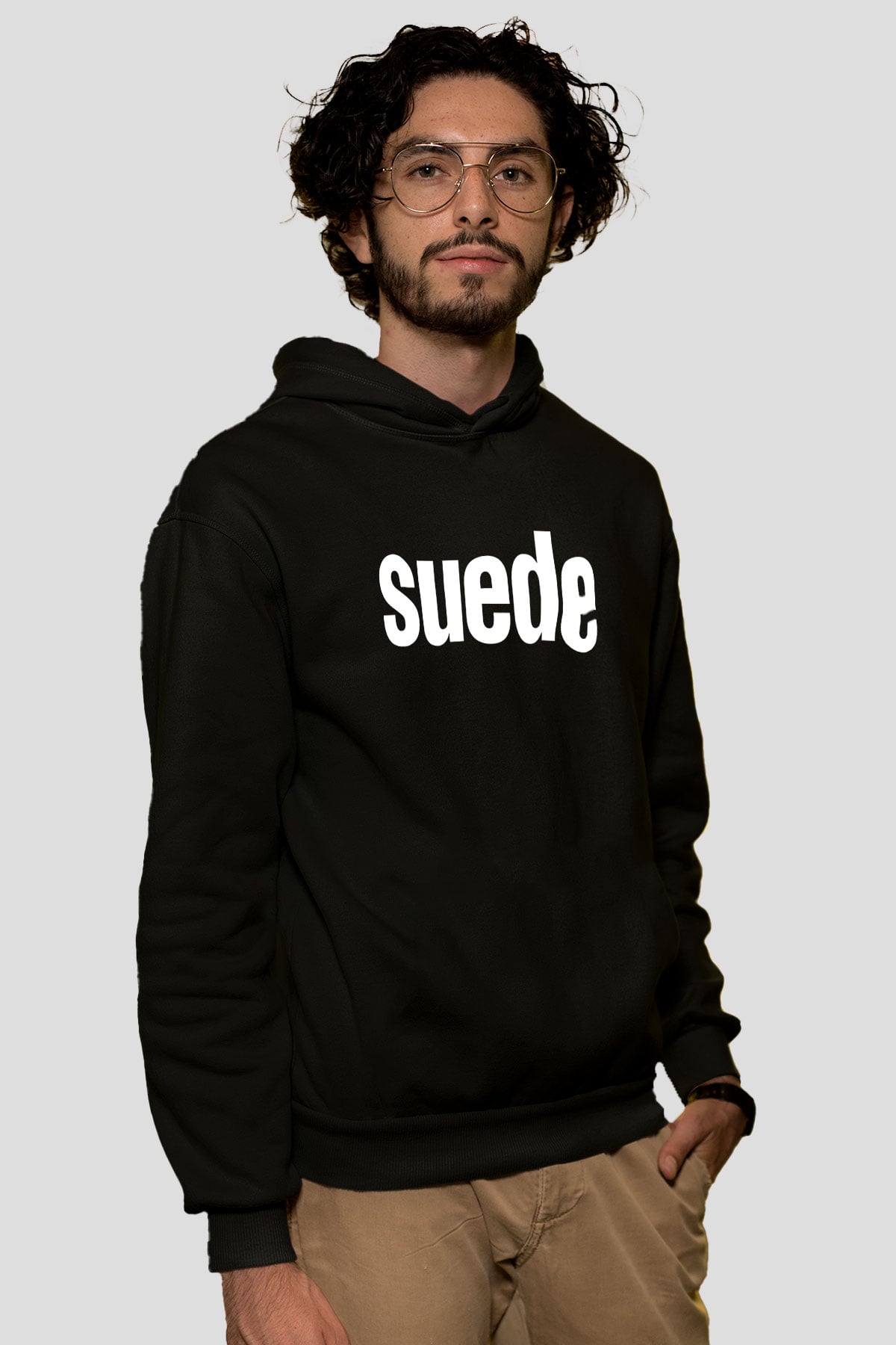 Suede Baskılı Unisex Siyah Kapüşonlu Sweatshirt