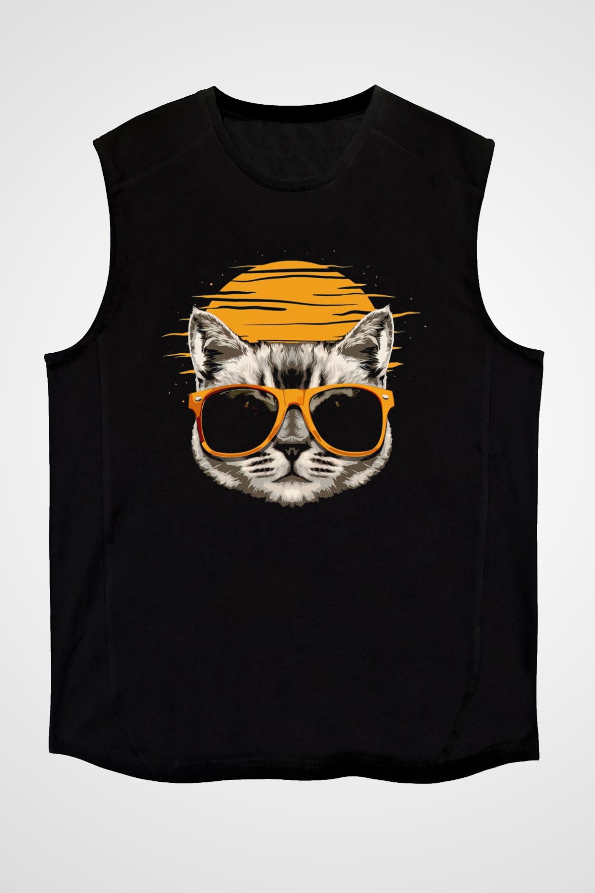 Summer Cat Baskılı Unisex Siyah  Kolsuz Tişört