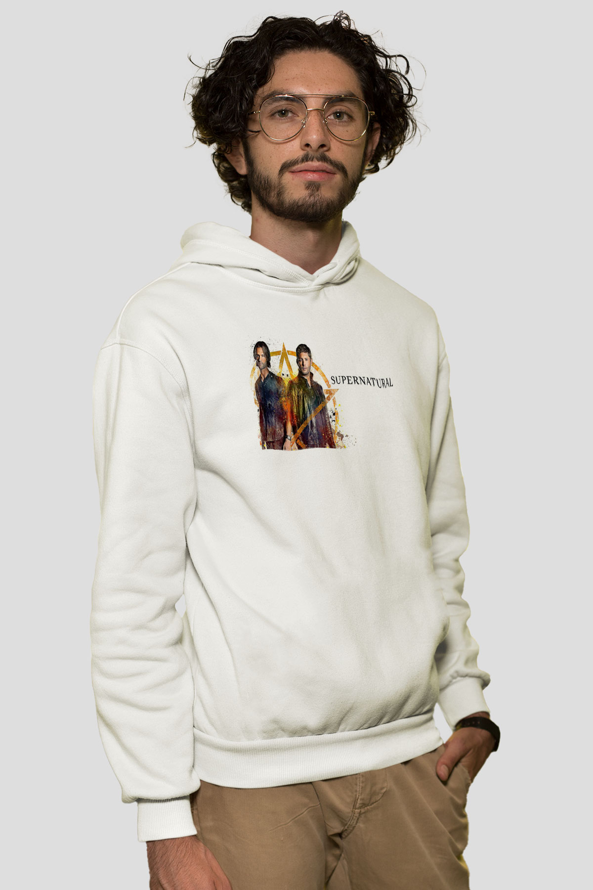 Supernatural Baskılı Beyaz Unisex Hoodie