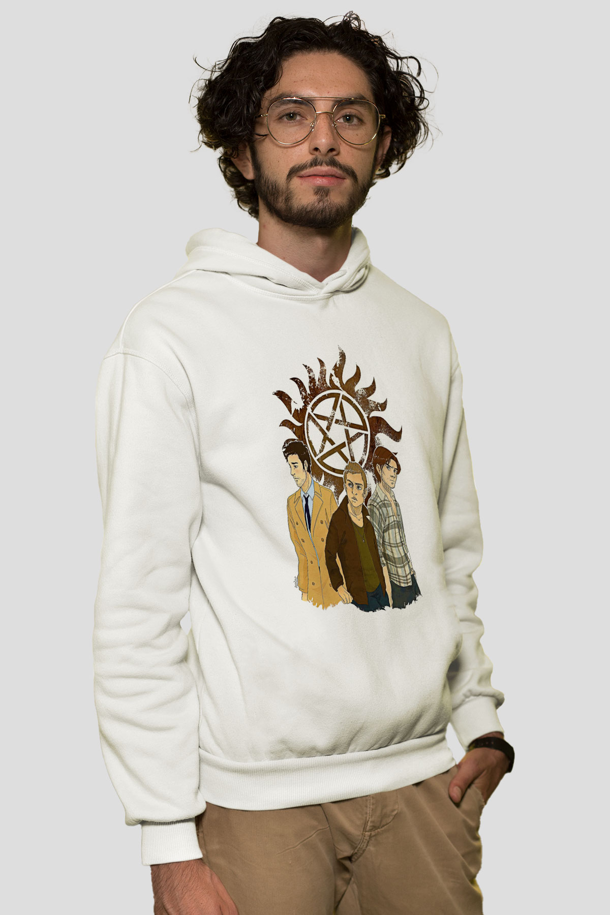 Supernatural Baskılı Beyaz Unisex Hoodie