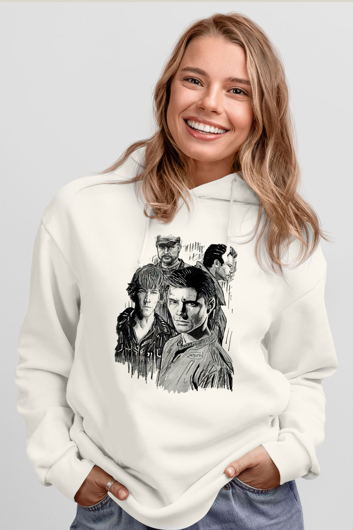 Supernatural Baskılı Beyaz Unisex Hoodie