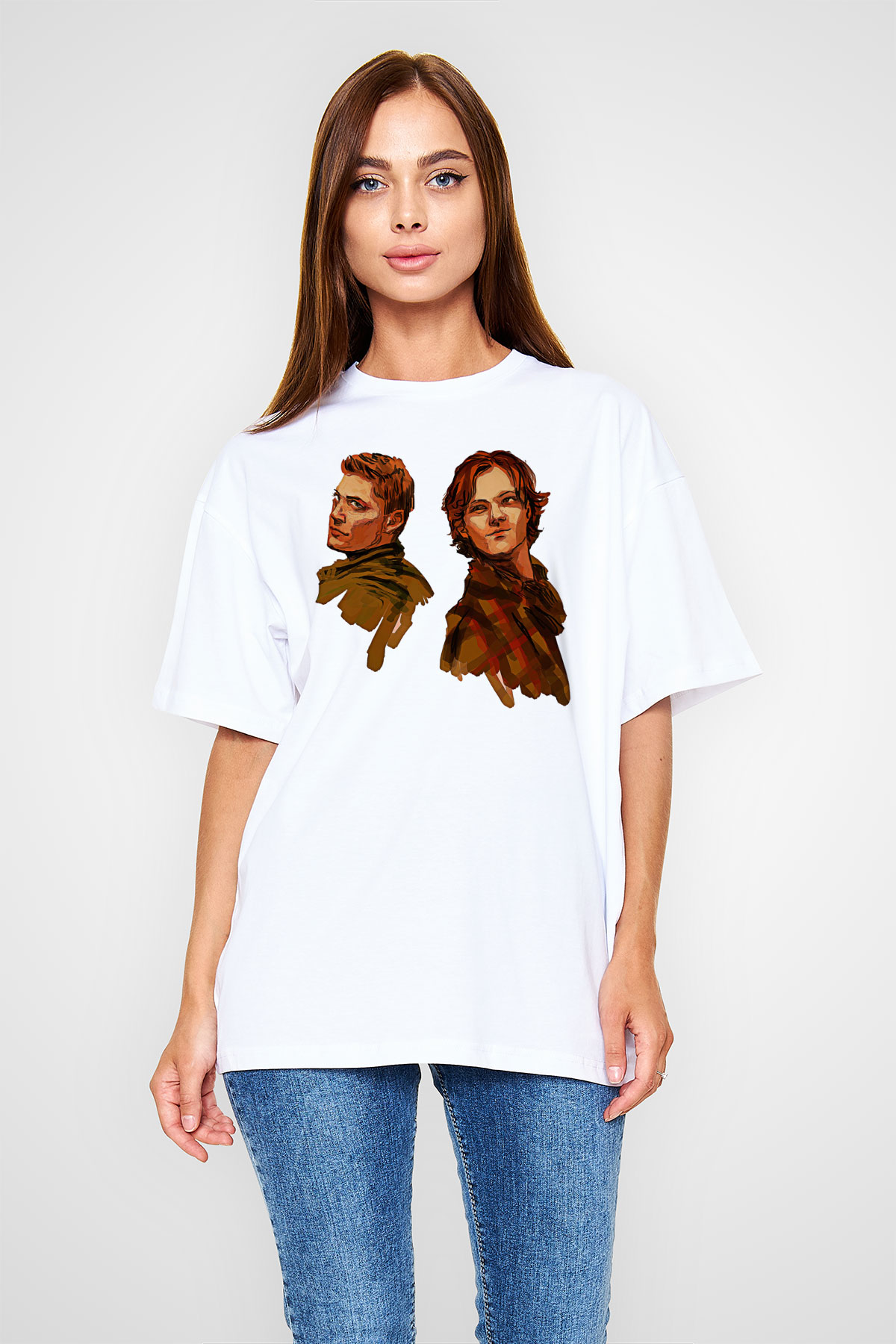 Supernatural Baskılı Beyaz Unisex Oversize Tişört - Tshirt