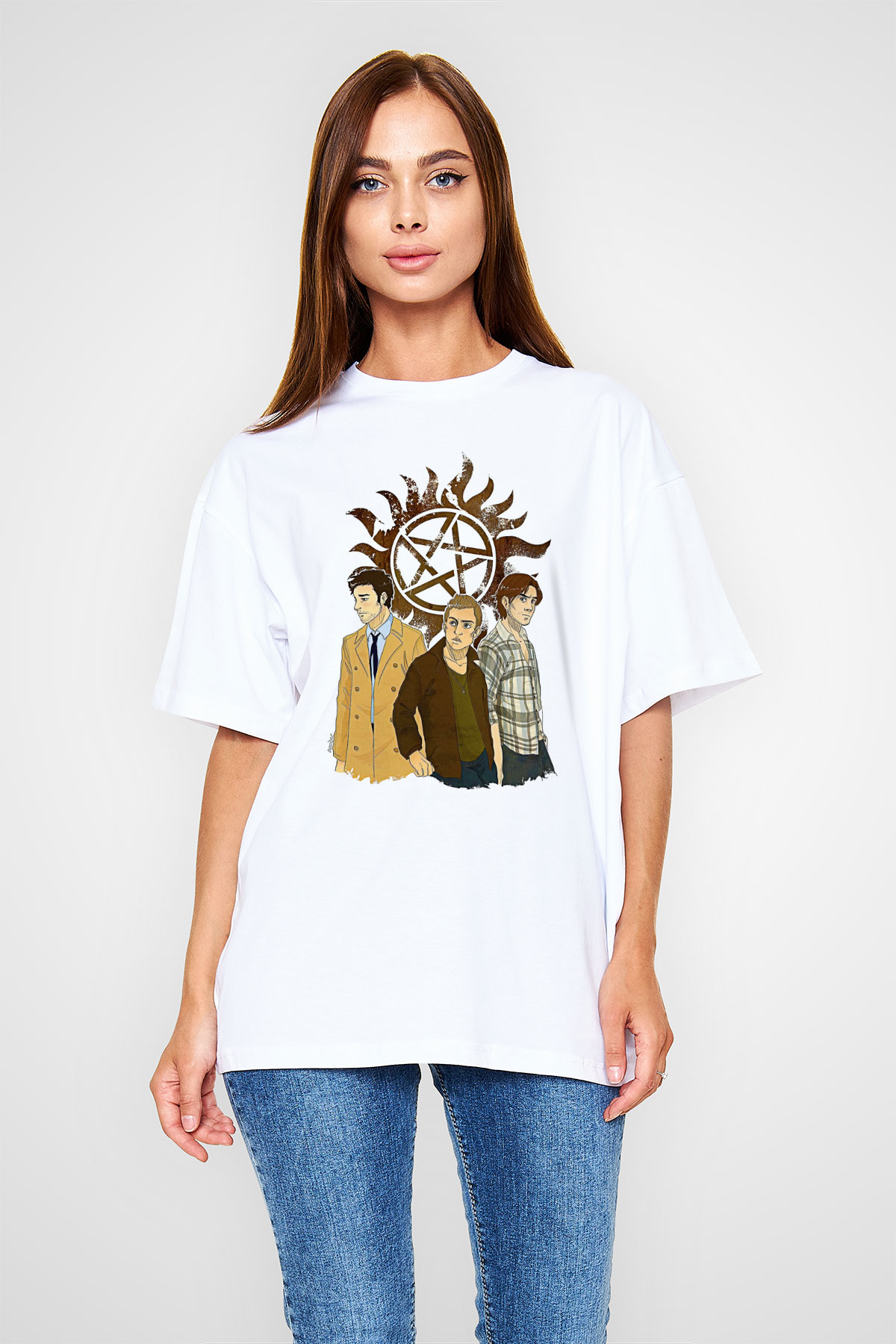Supernatural Baskılı Beyaz Unisex Oversize Tişört - Tshirt