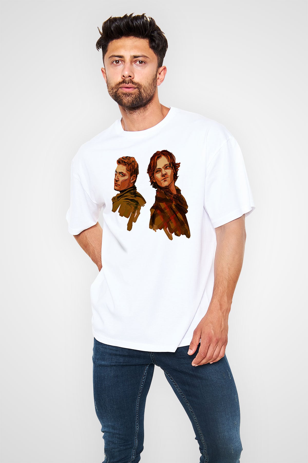 Supernatural Baskılı Beyaz Unisex Oversize Tişört - Tshirt