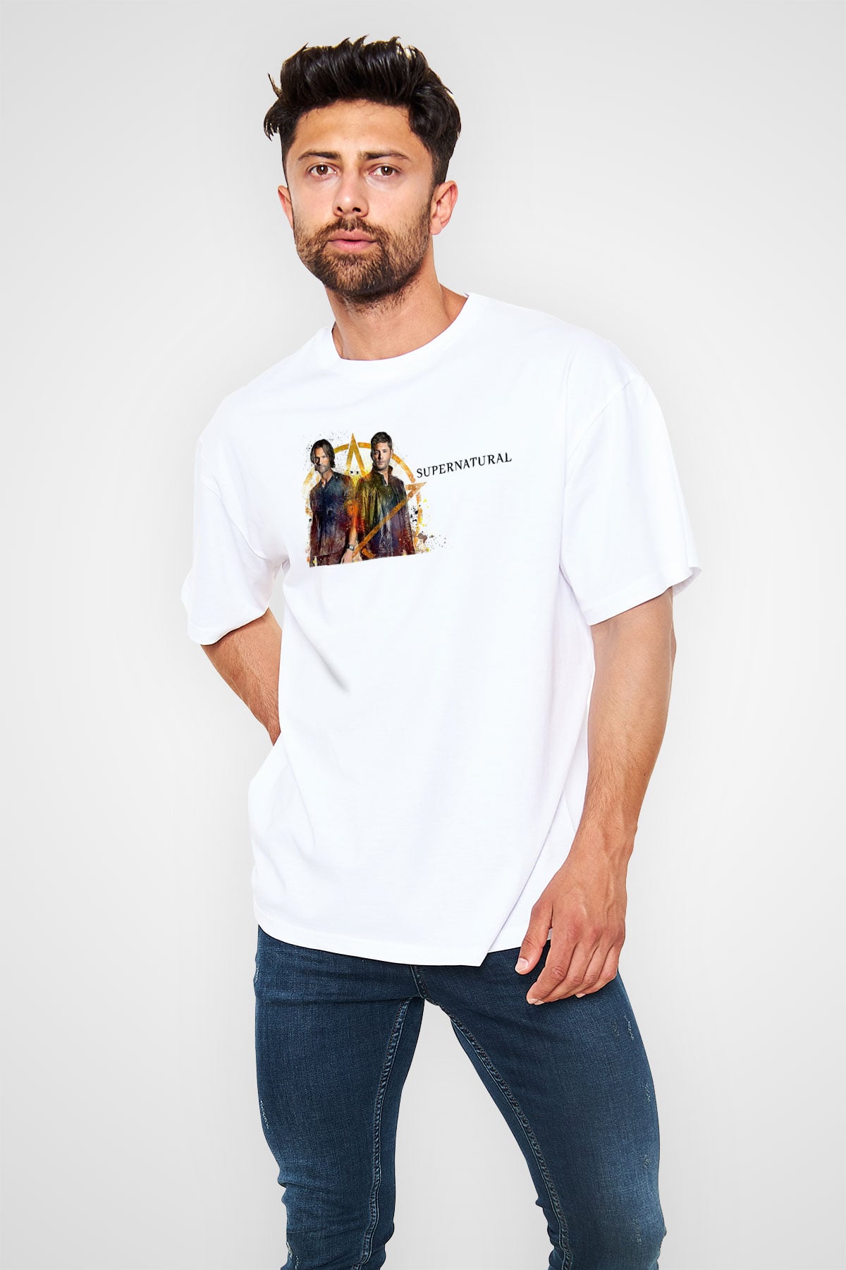 Supernatural Baskılı Beyaz Unisex Oversize Tişört - Tshirt