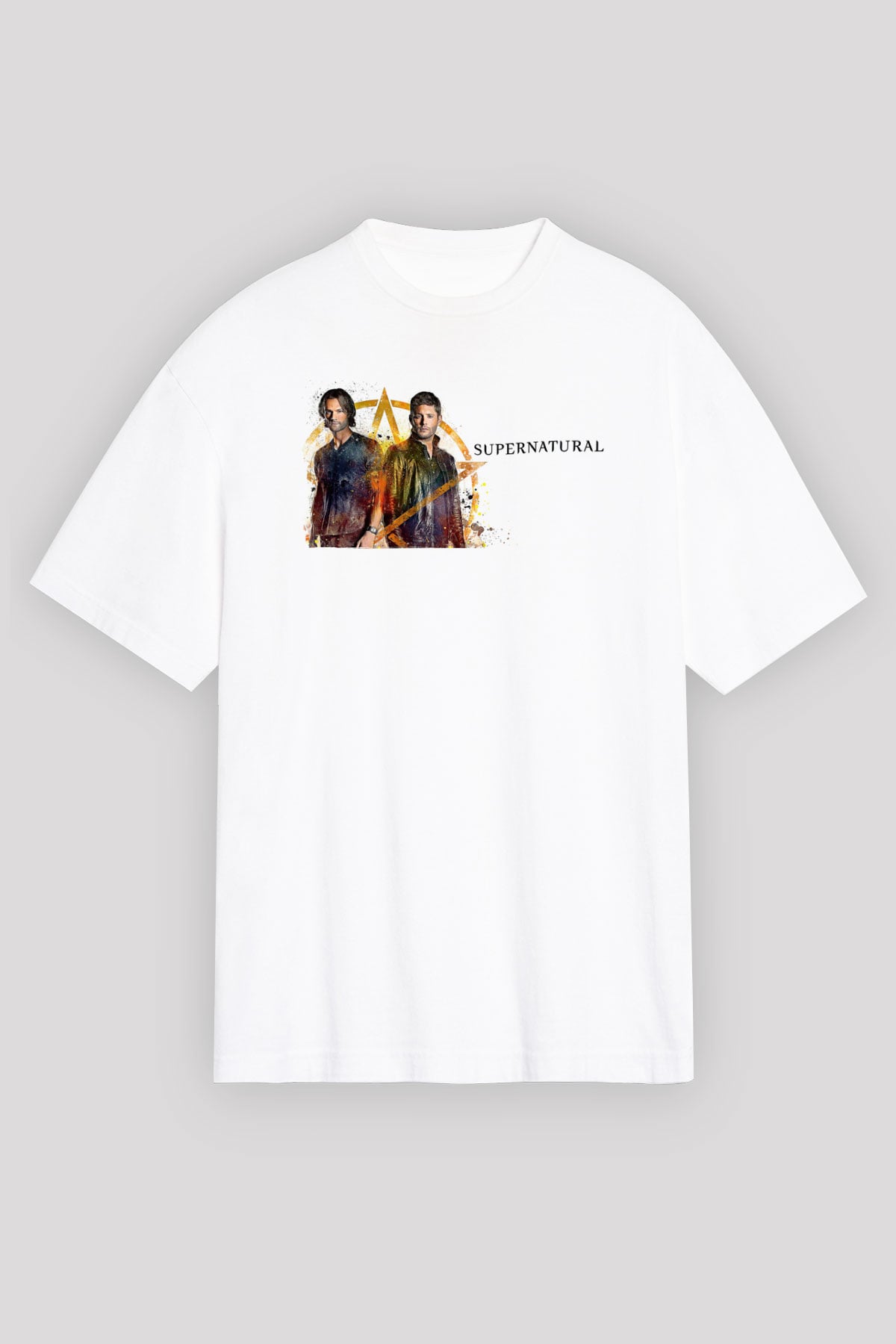 Supernatural Baskılı Beyaz Unisex Oversize Tişört - Tshirt