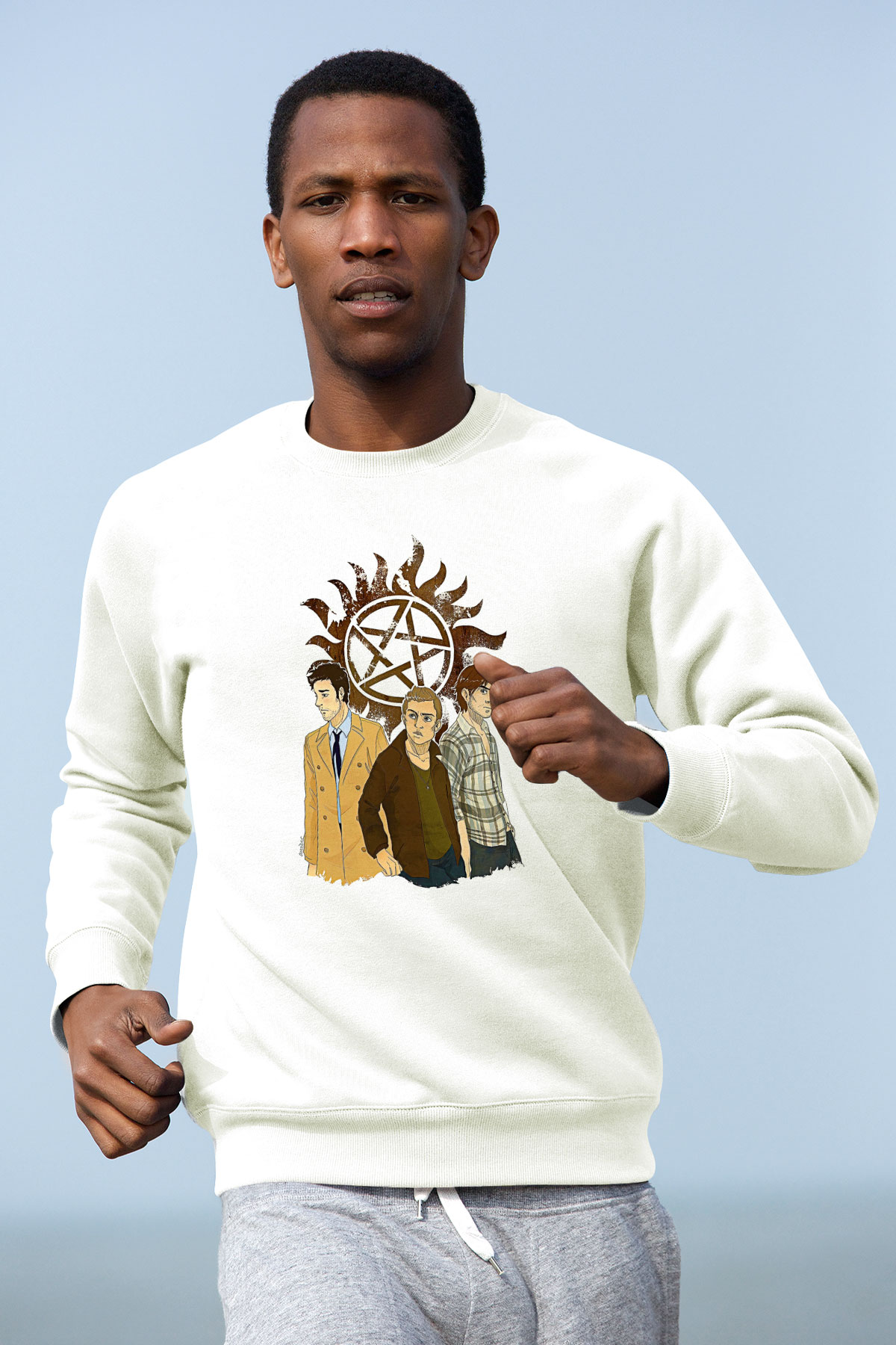Supernatural Baskılı Beyaz Unisex Sweatshirt
