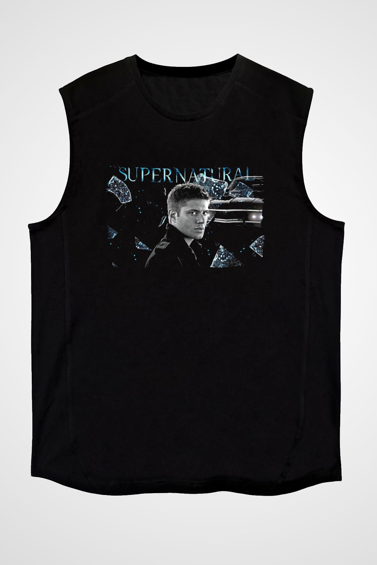 Supernatural Baskılı Unisex Siyah Kolsuz Tişört - Tshirt