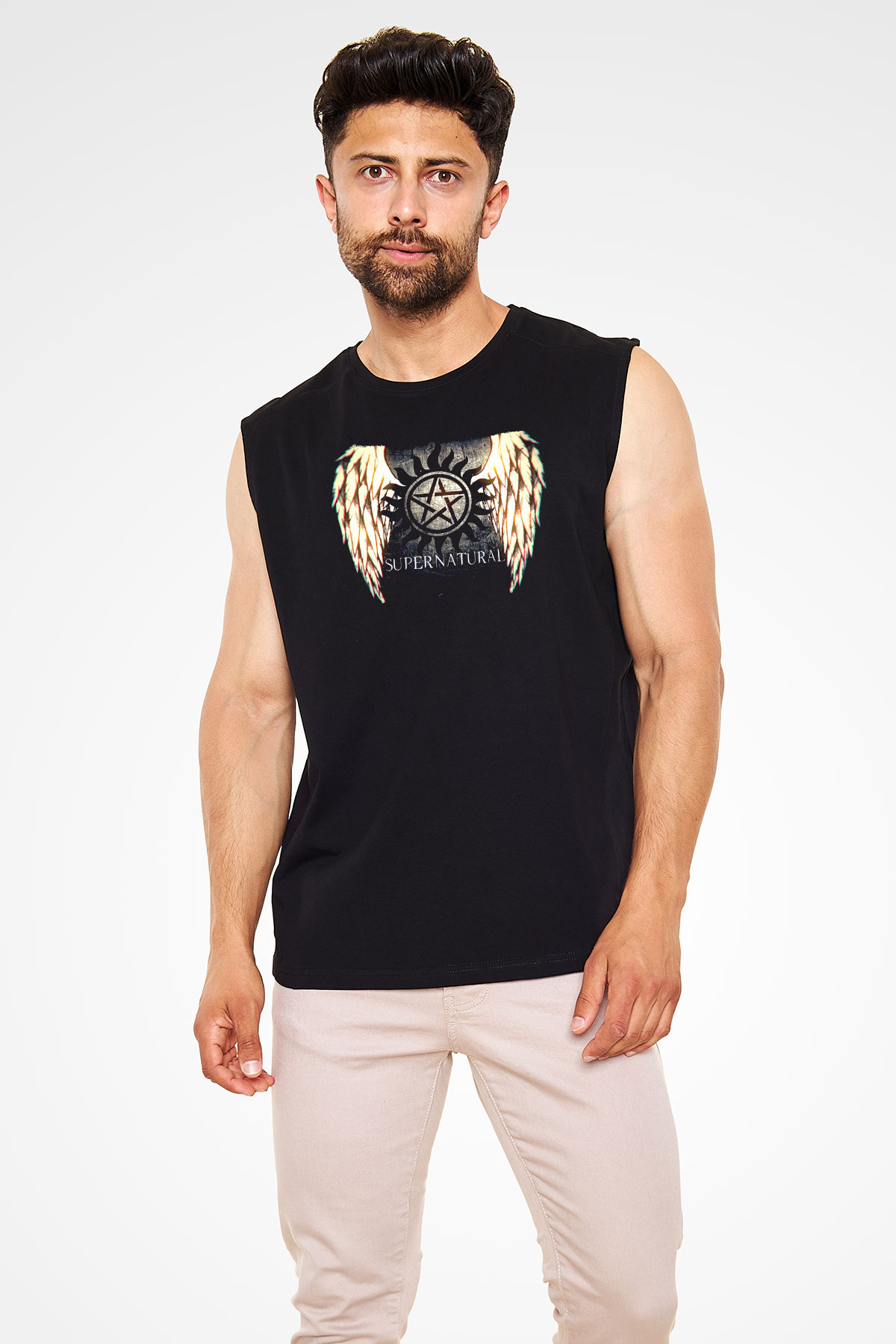 Supernatural Baskılı Unisex Siyah Kolsuz Tişört - Tshirt