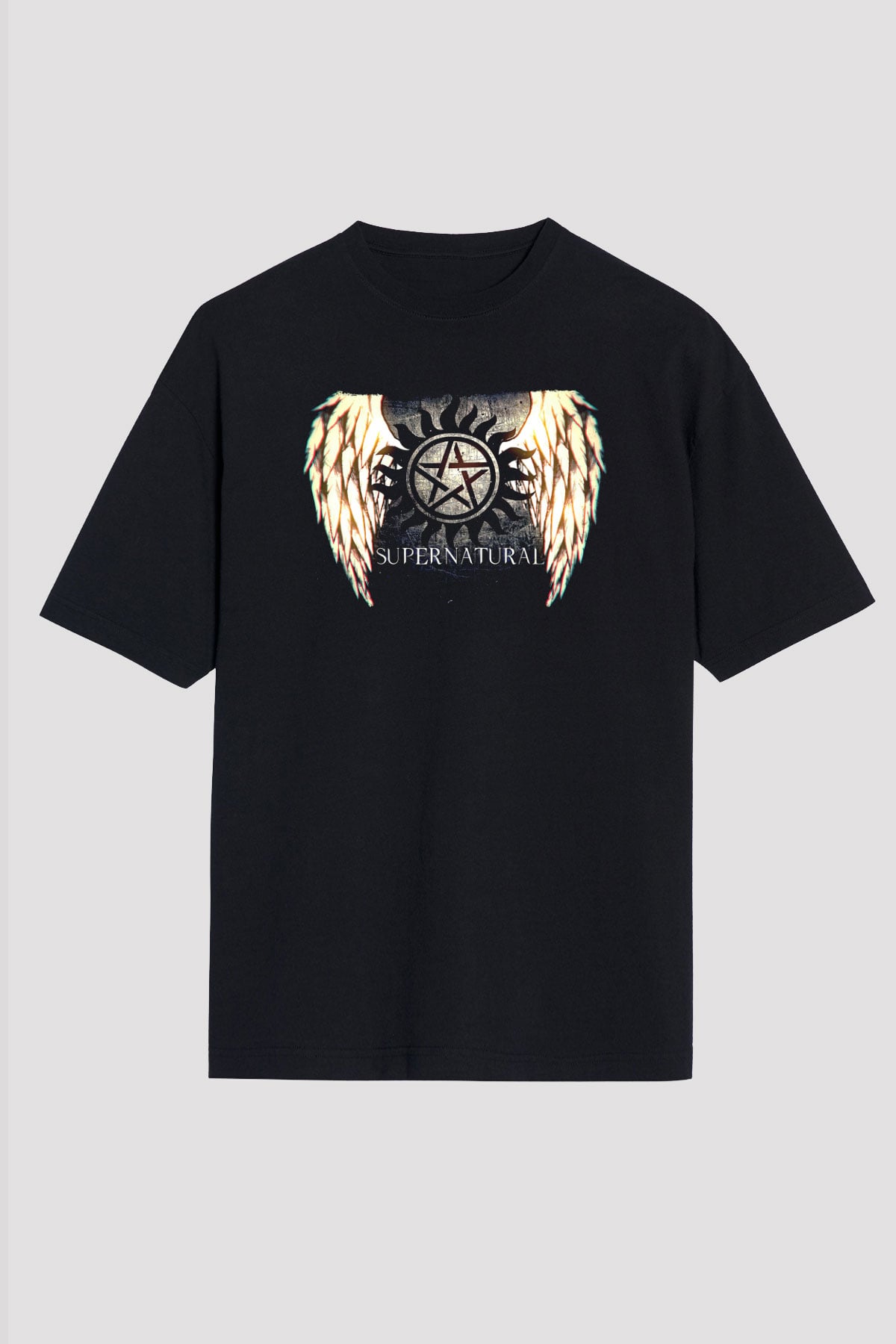 Supernatural Baskılı Unisex Siyah Oversize Tişört - Tshirt