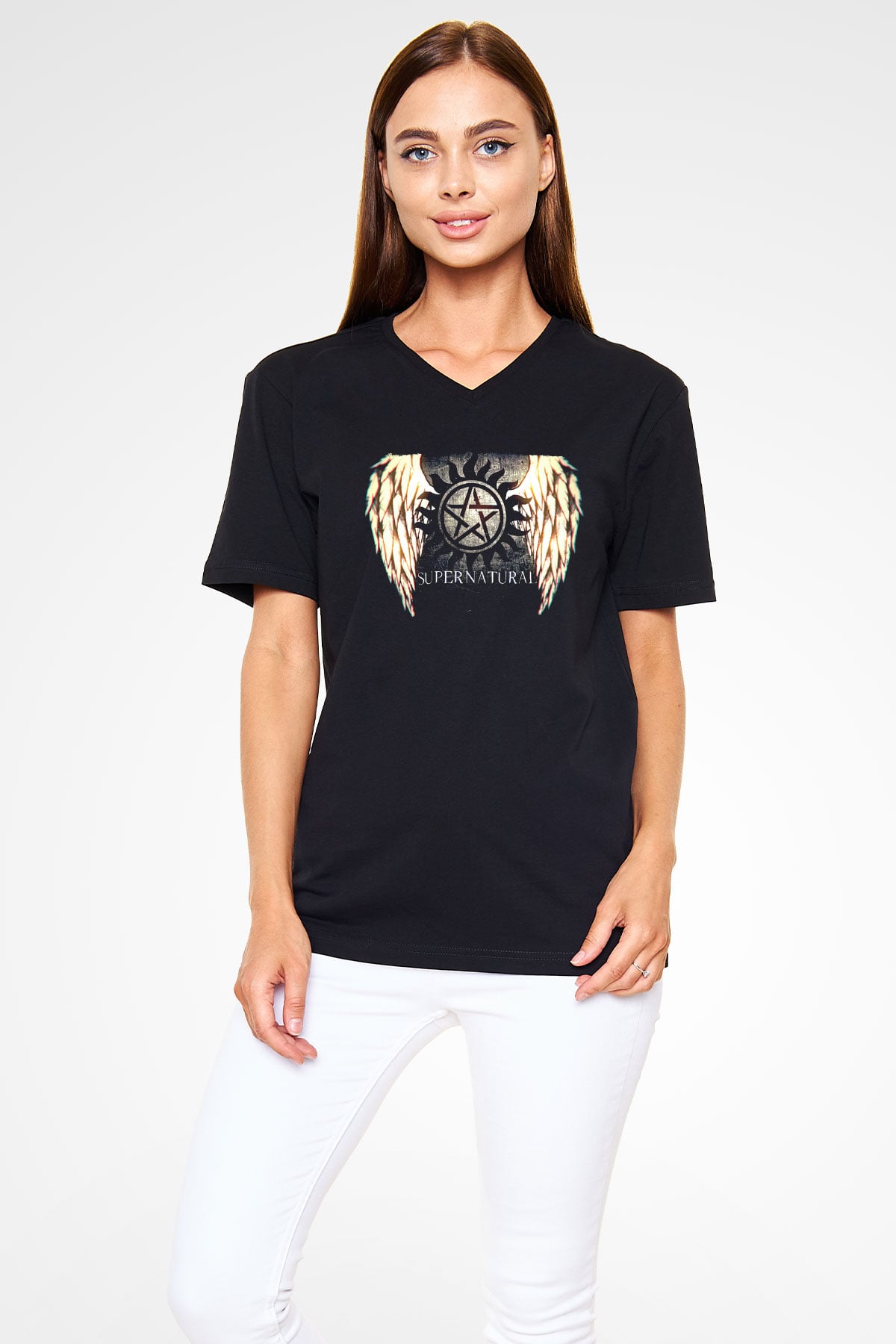 Supernatural Baskılı Unisex Siyah V Yaka Tişört - Tshirt