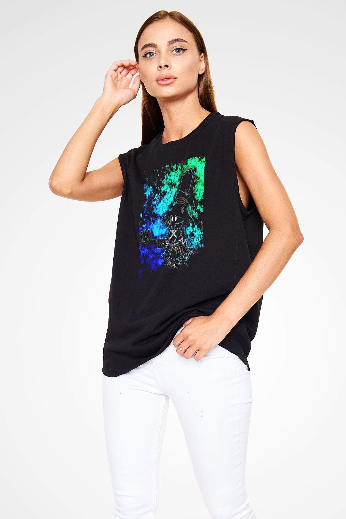 Süpürgeli Cadı Baskılı Unisex Siyah  Kolsuz Tişört