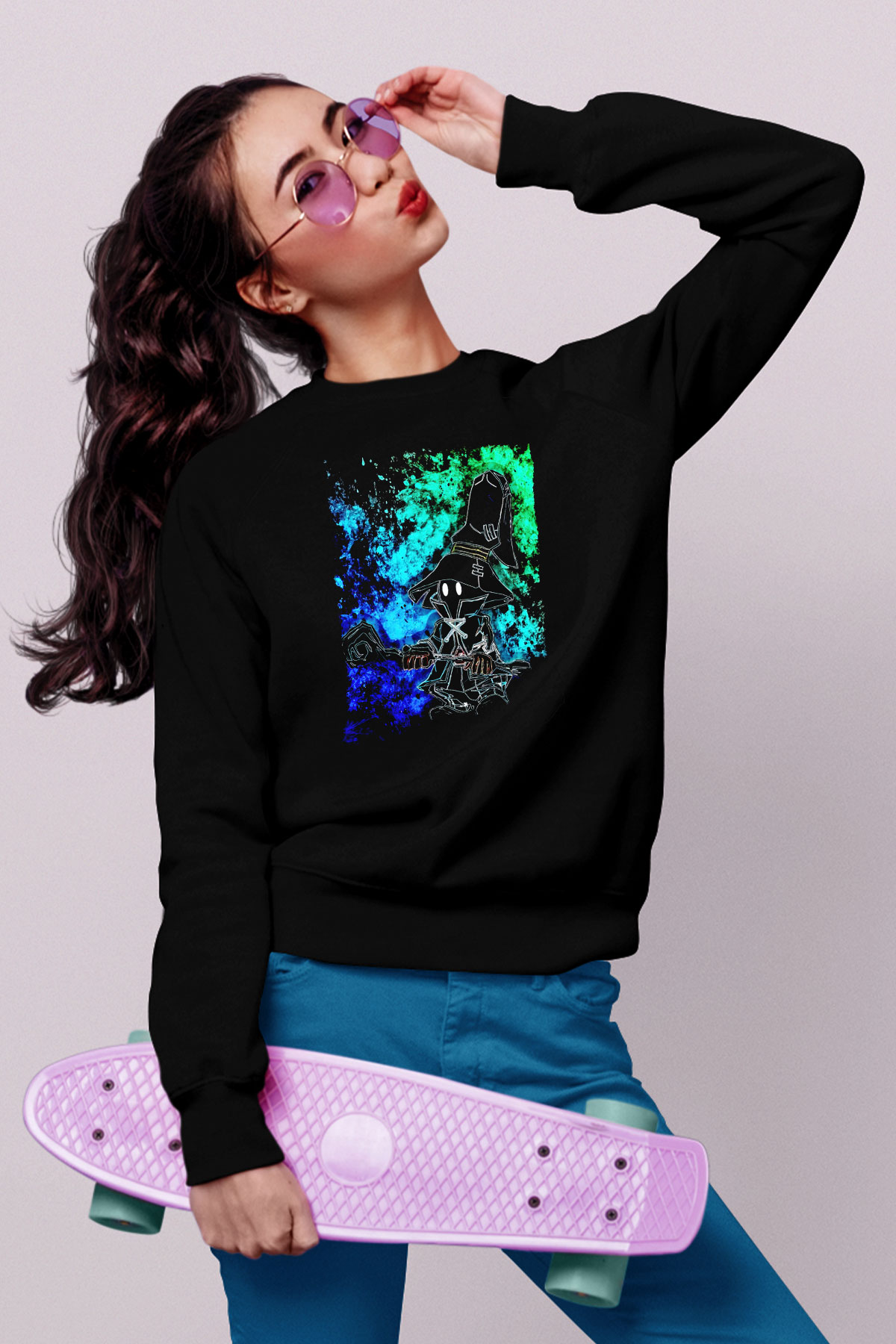 Süpürgeli Cadı Baskılı Unisex Siyah  Sweatshirt