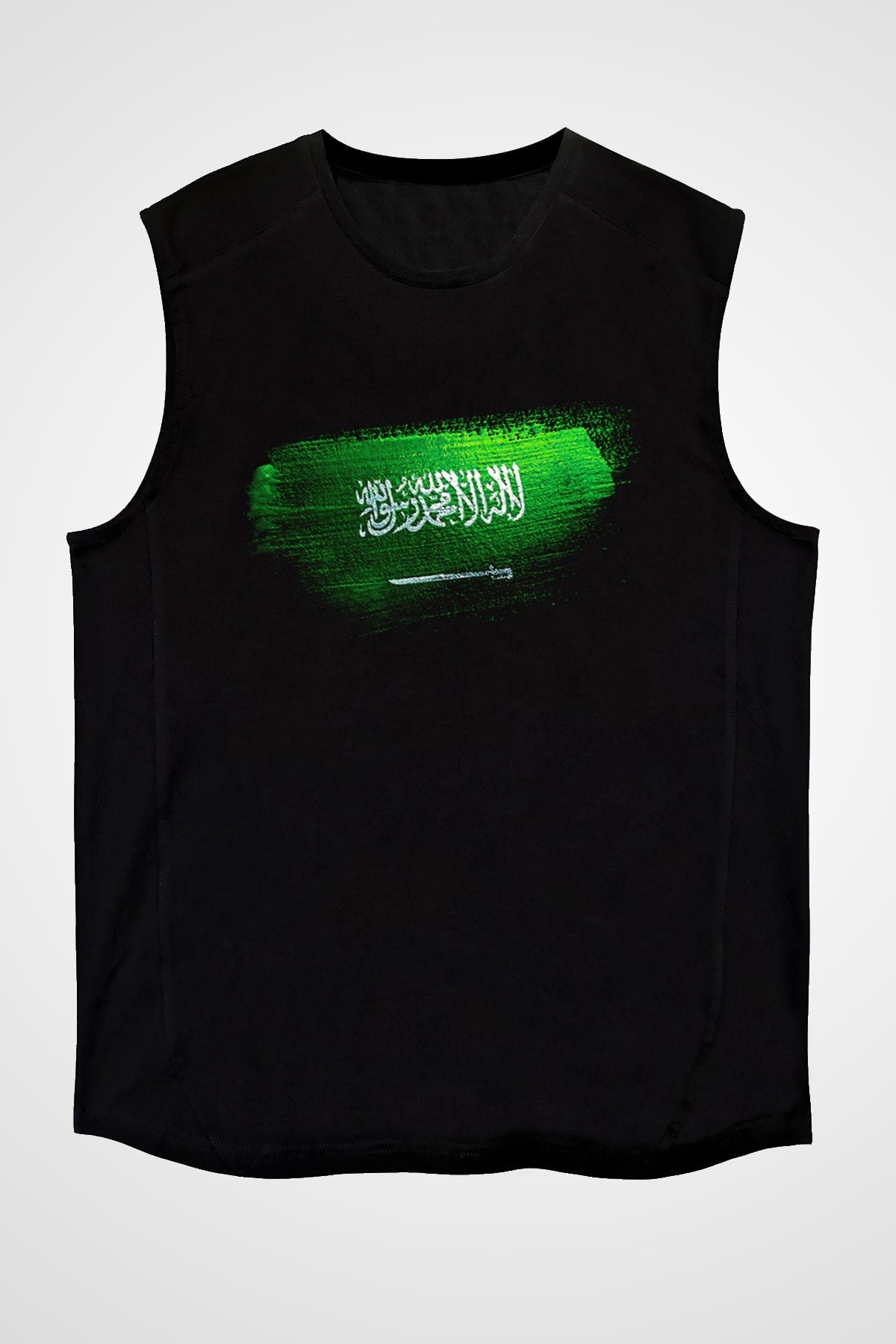 Suudi Arabistan - Saudi Arabia Bayrağı Baskılı Unisex Siyah Kolsuz Tişört