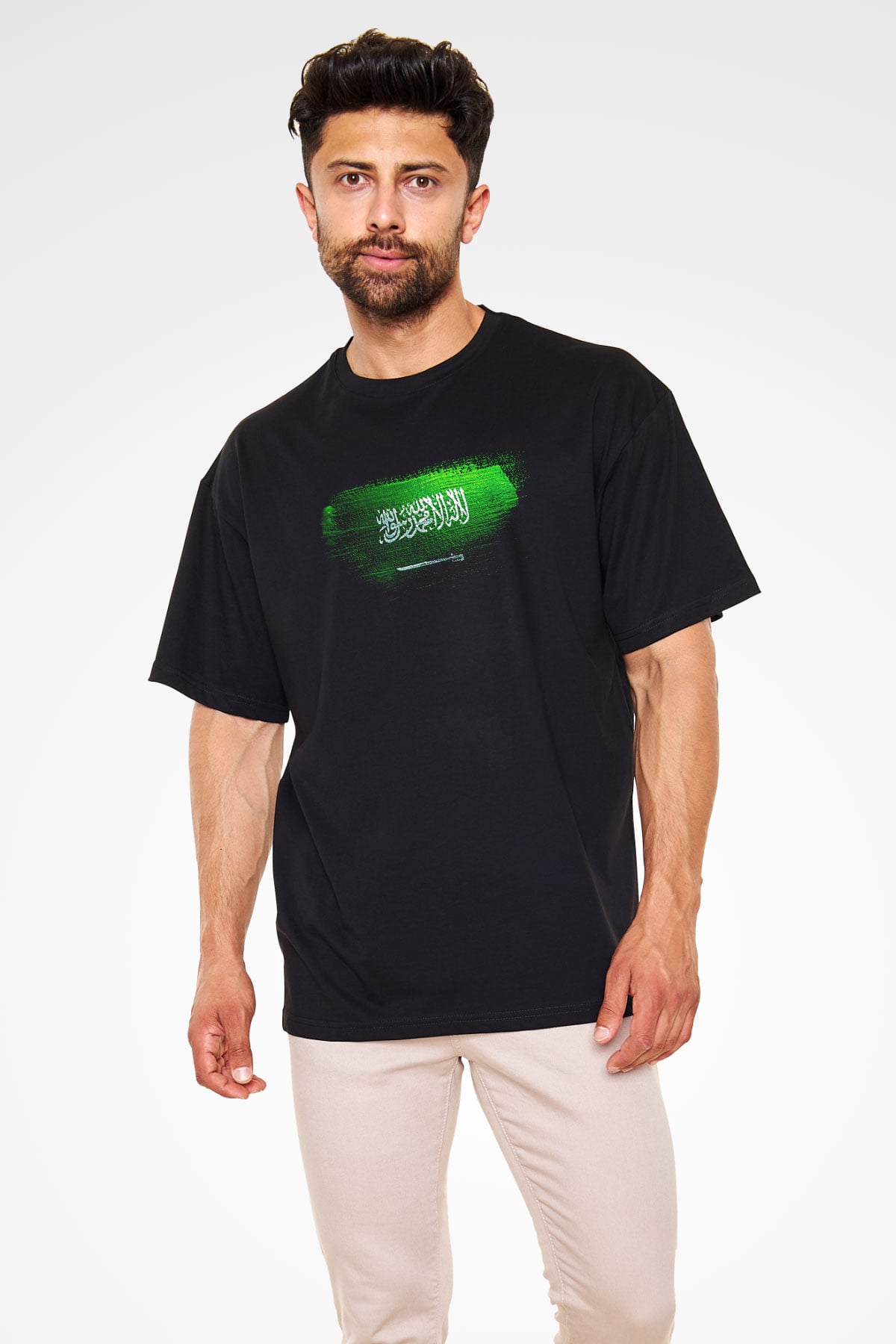 Suudi Arabistan - Saudi Arabia Bayrağı Baskılı Unisex Siyah Oversize Tişört