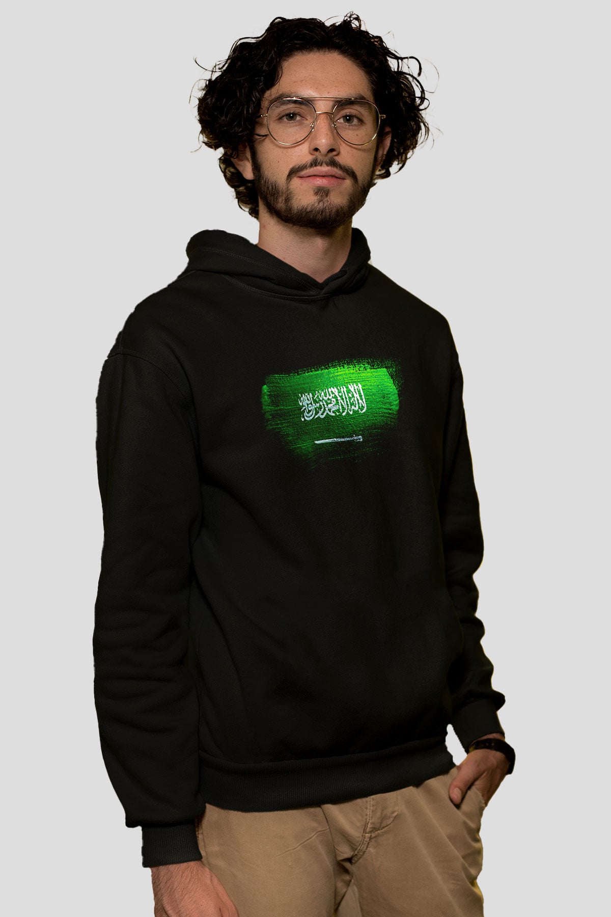 Suudi Arabistan - Saudi Arabia Bayrağı Baskılı Unisex Siyah Kapüşonlu Sweatshirt