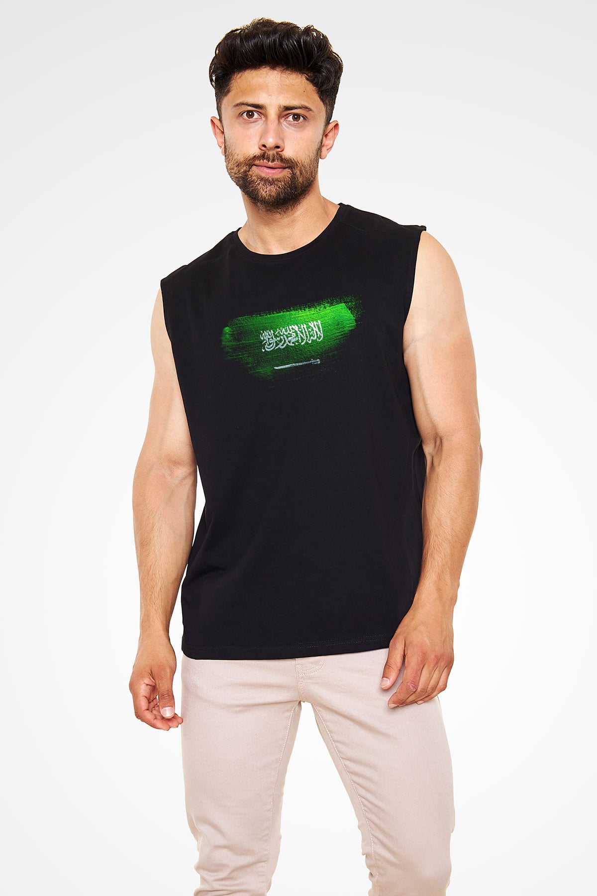 Suudi Arabistan - Saudi Arabia Bayrağı Baskılı Unisex Siyah Kolsuz Tişört