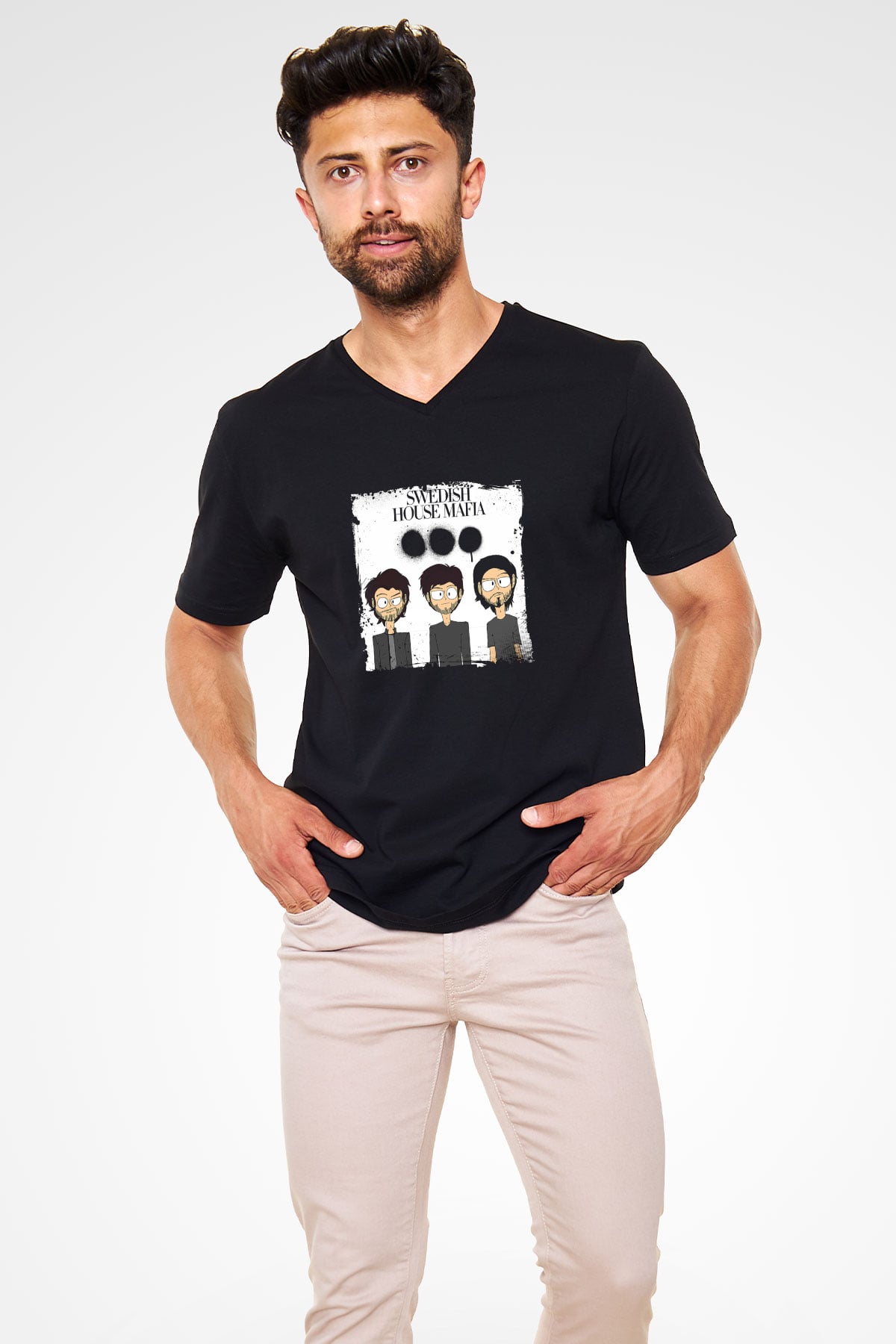 Swedish House Mafia Baskılı Unisex Siyah V Yaka Tişört
