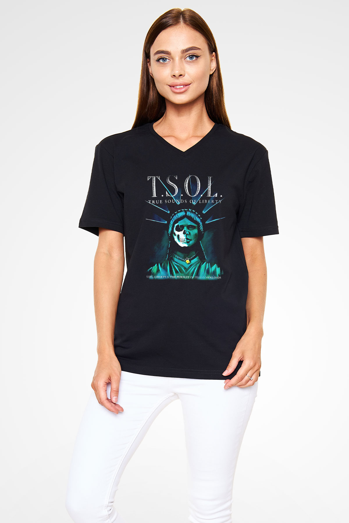 T.S.O.L. Siyah Unisex V Yaka Tişört T-Shirt