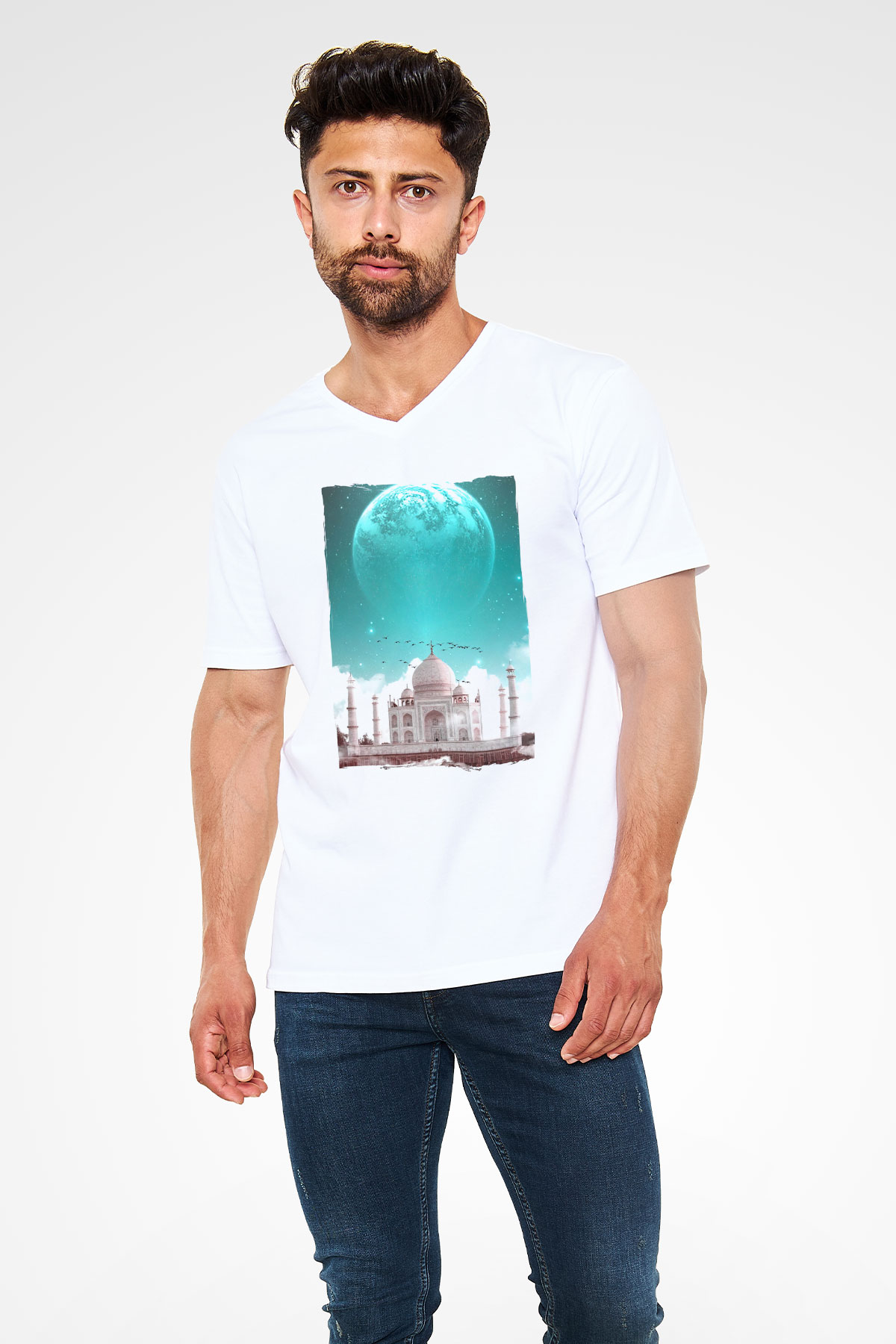 Tac Mahal Beyaz Unisex V Yaka Tişört