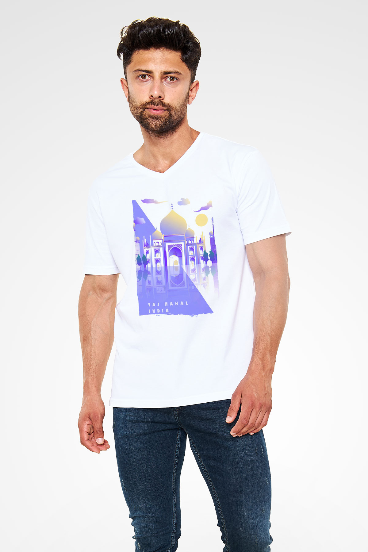Tac Mahal Beyaz Unisex V Yaka Tişört