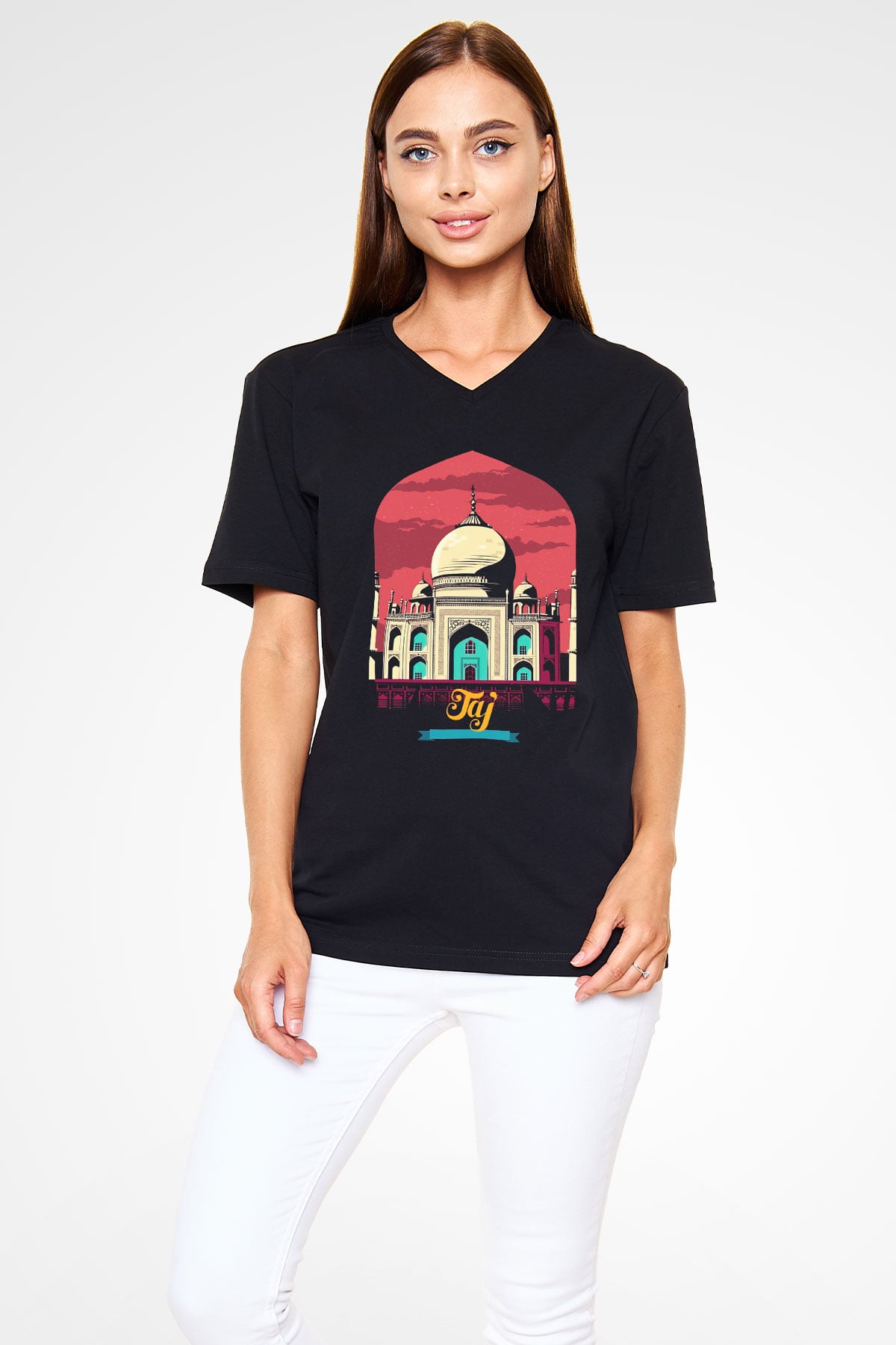 Tac Mahal Siyah Unisex V Yaka Tişört T-Shirt