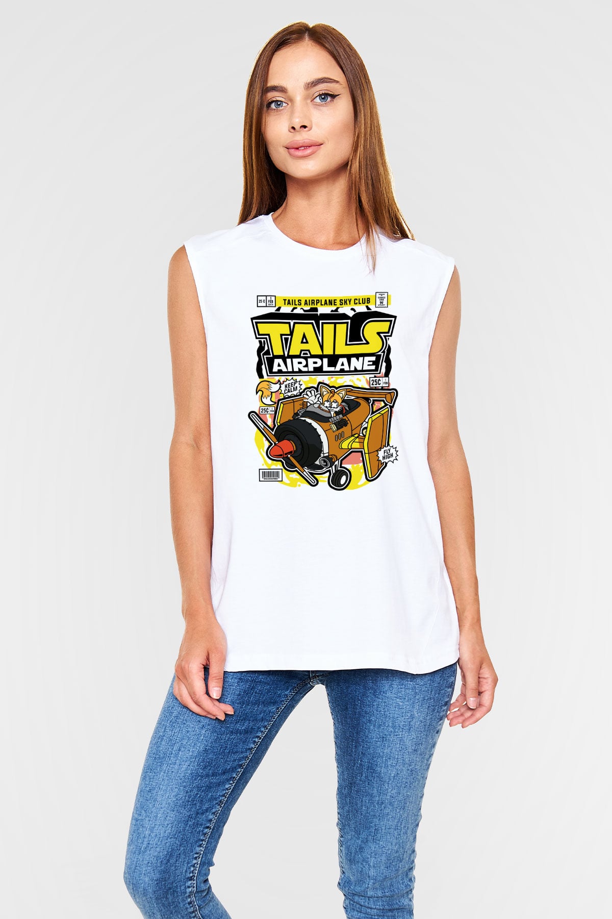 Tails Airplane  Baskılı Unisex Beyaz Kolsuz Tişört