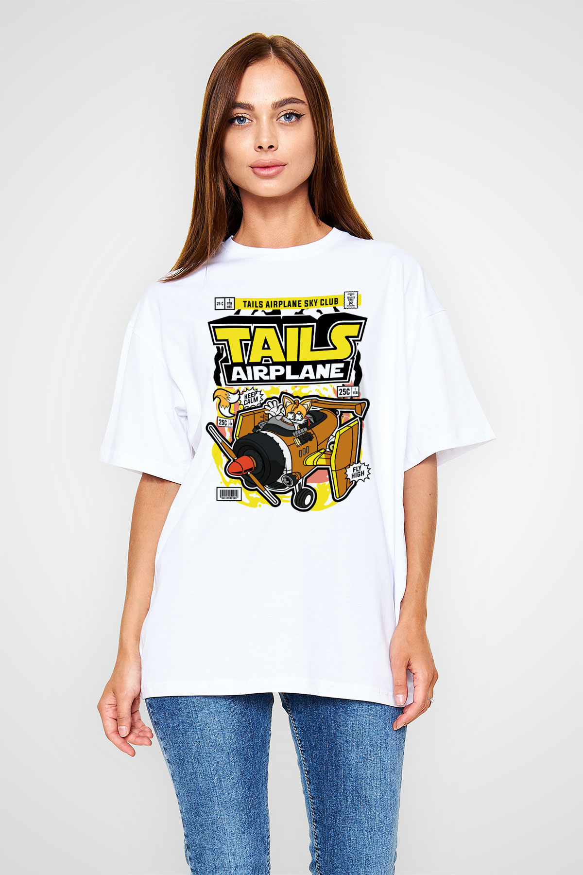 Tails Airplane  Baskılı Unisex Beyaz Oversize Tişört