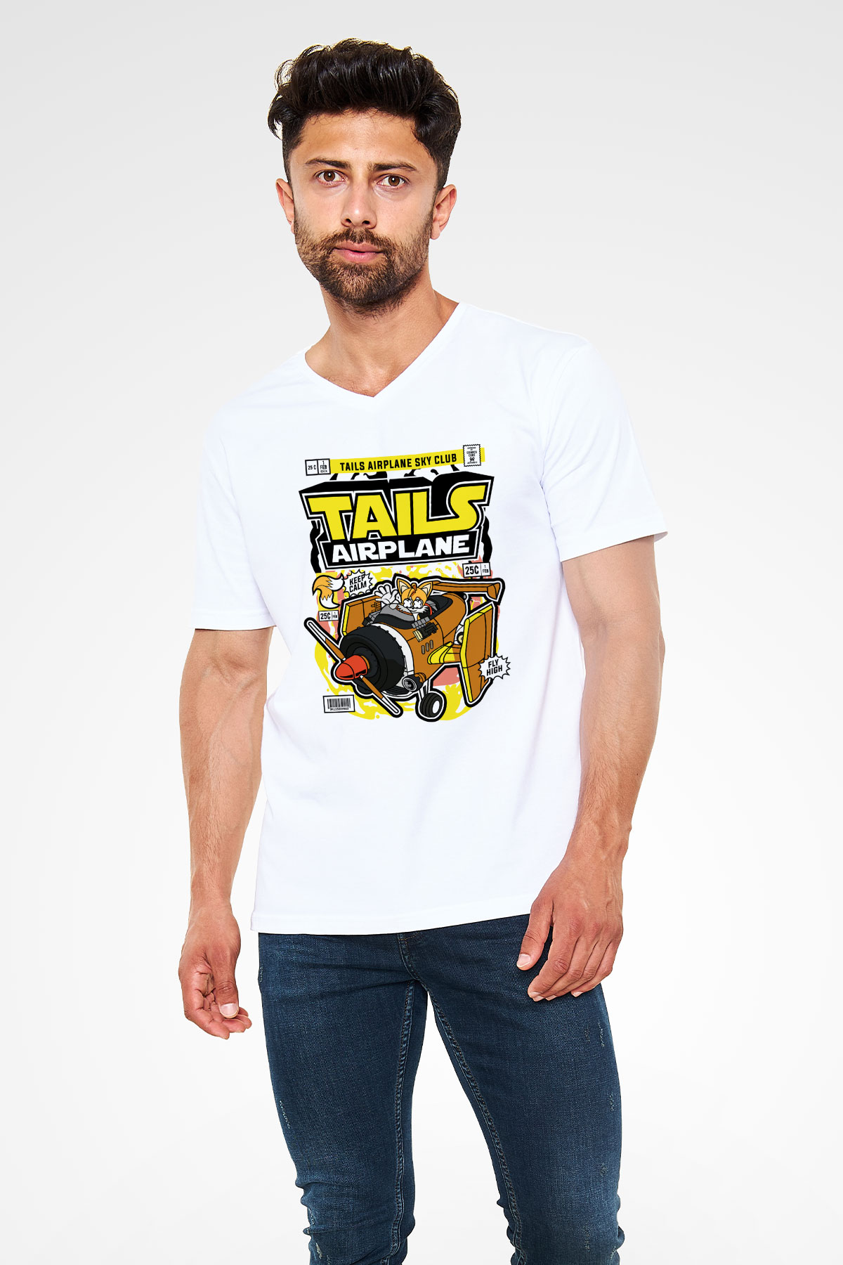 Tails Airplane  Baskılı Unisex Beyaz V Yaka Tişört
