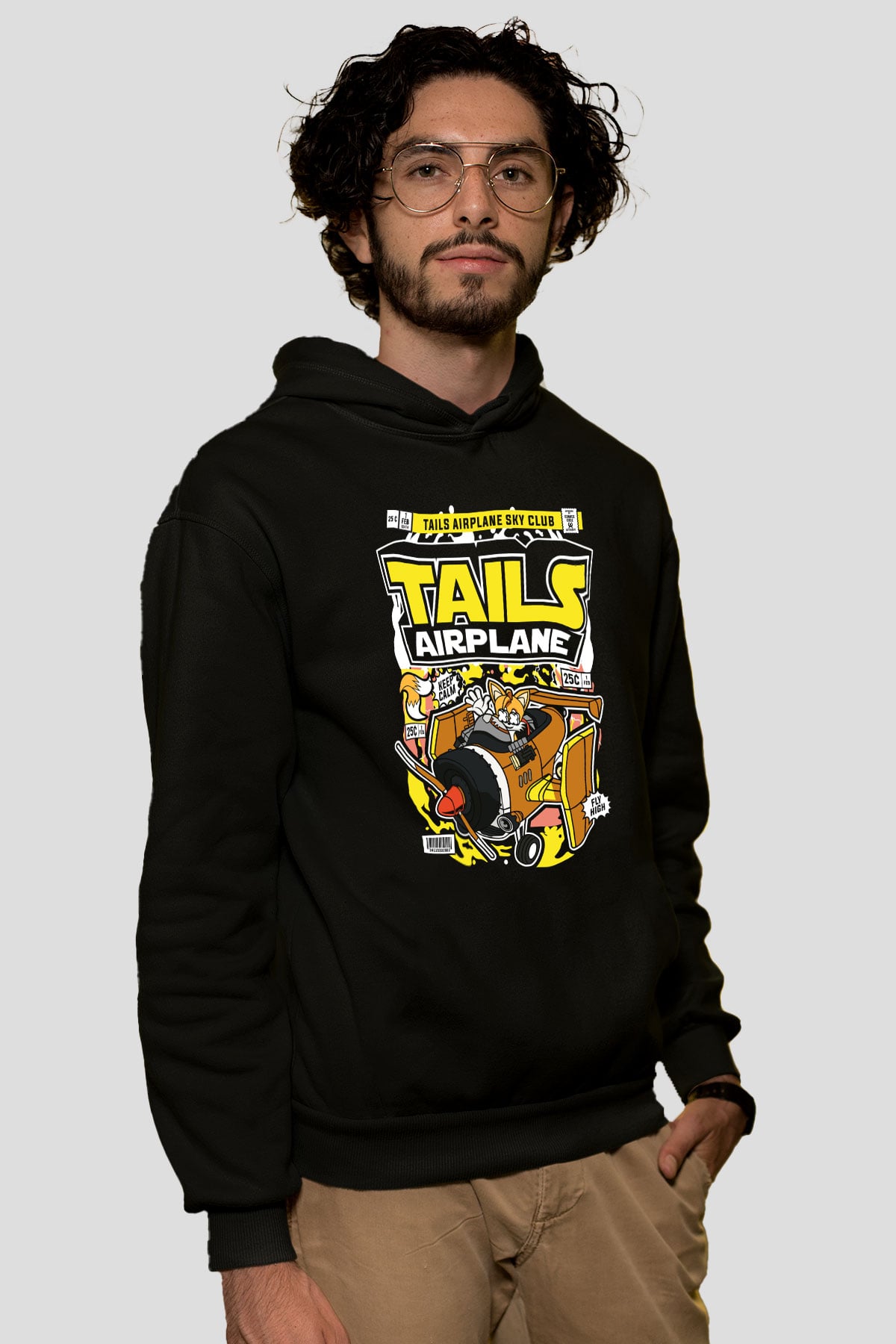Tails Airplane Baskılı Unisex Siyah Hoodie