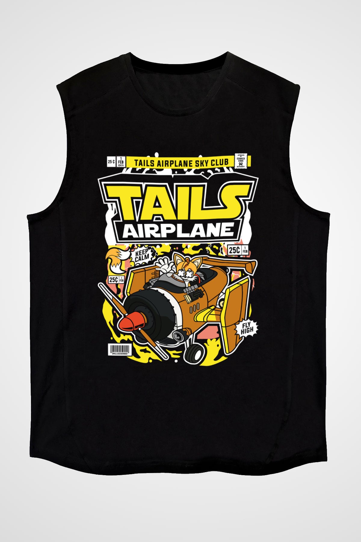 Tails Airplane Baskılı Unisex Siyah Kolsuz Tişört
