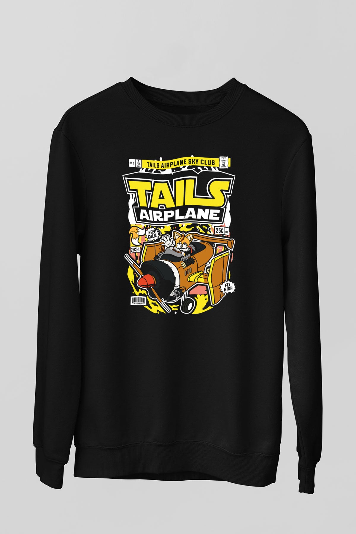 Tails Airplane Baskılı Unisex Siyah Sweatshirt