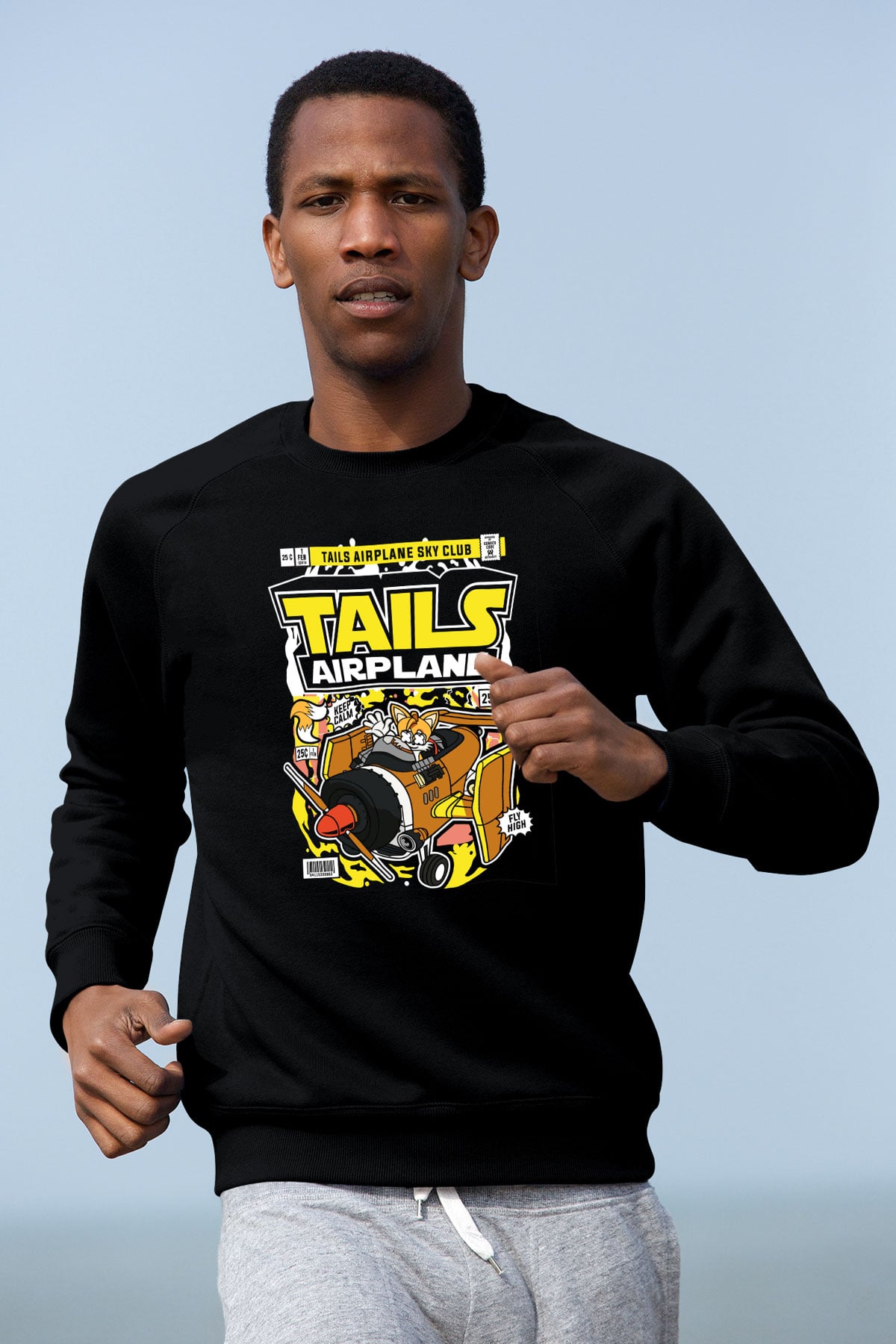 Tails Airplane Baskılı Unisex Siyah Sweatshirt