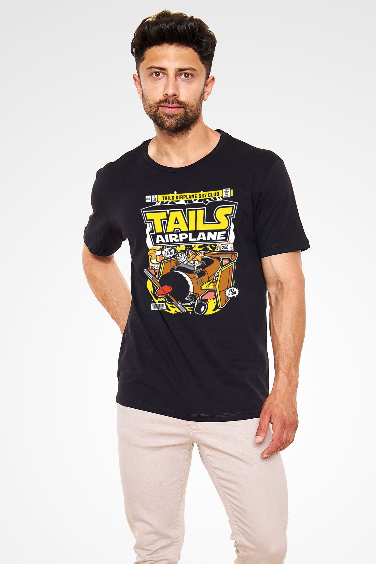 Tails Airplane Baskılı Unisex Siyah Tişört