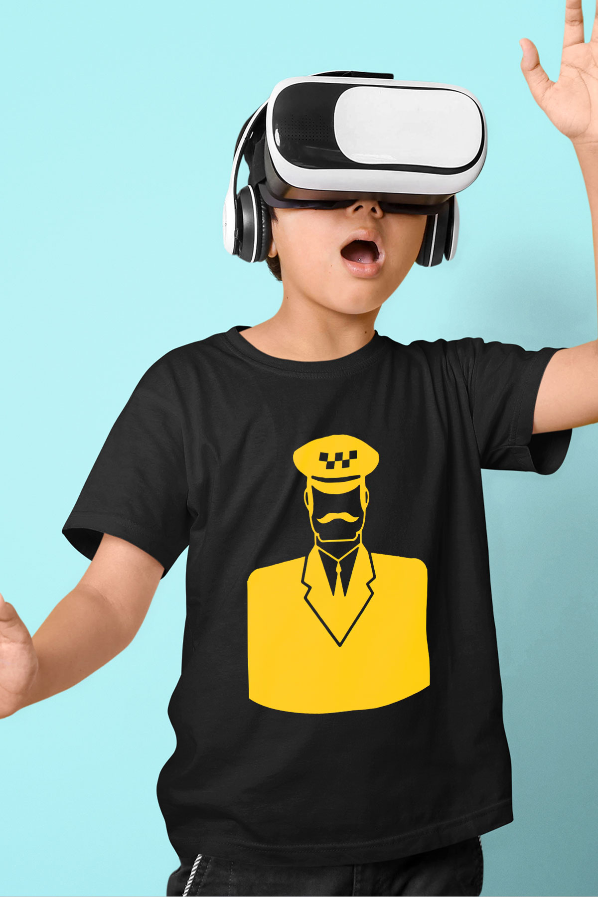 Taksici Baskılı Siyah Unisex Çocuk Tişört